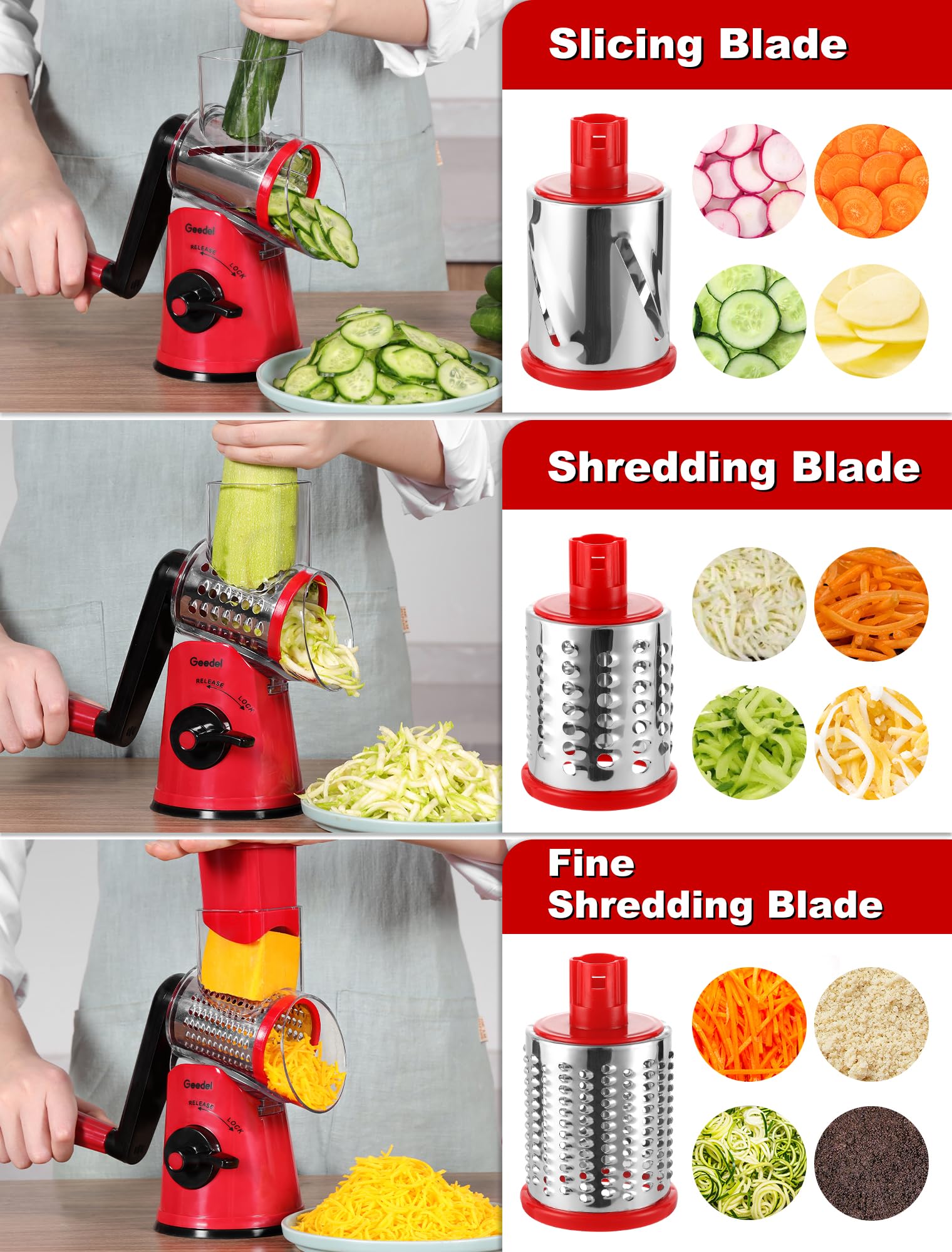 Geedel Rotary Cheese Grater – 5-Blade Vegetable Slicer and Ice Crusher, Red