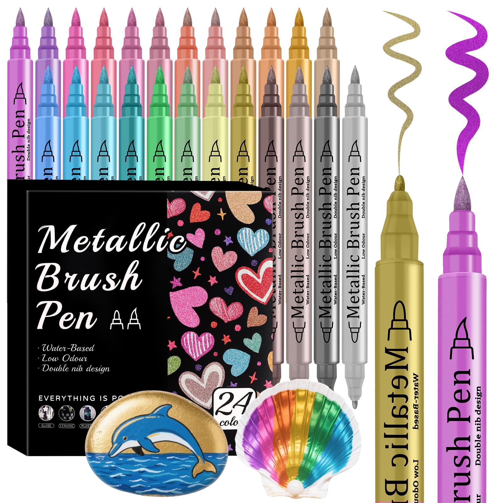 Funnasting 24 Color Dual Tip Metallic Marker Pens for Black Paper