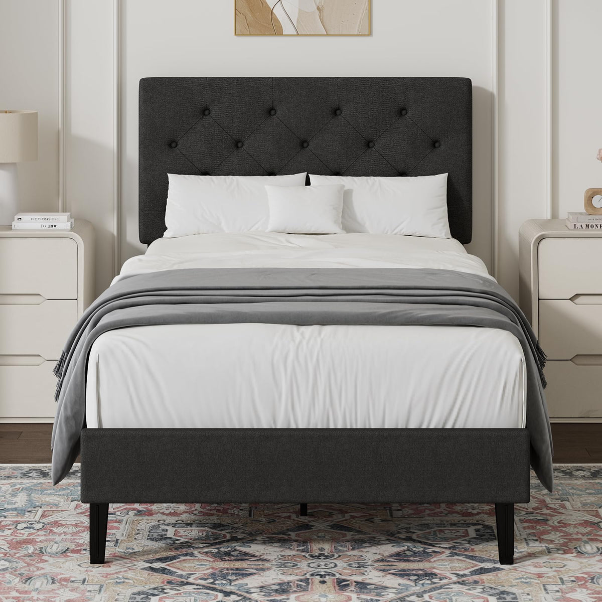 HOMBCK Single Bed Frame, 90 x 190 cm, with Adjustable Upholstered Headboard, Heavy Duty 256kg Weight Capacity, Easy Assembly, No Box Spring Needed - image 5