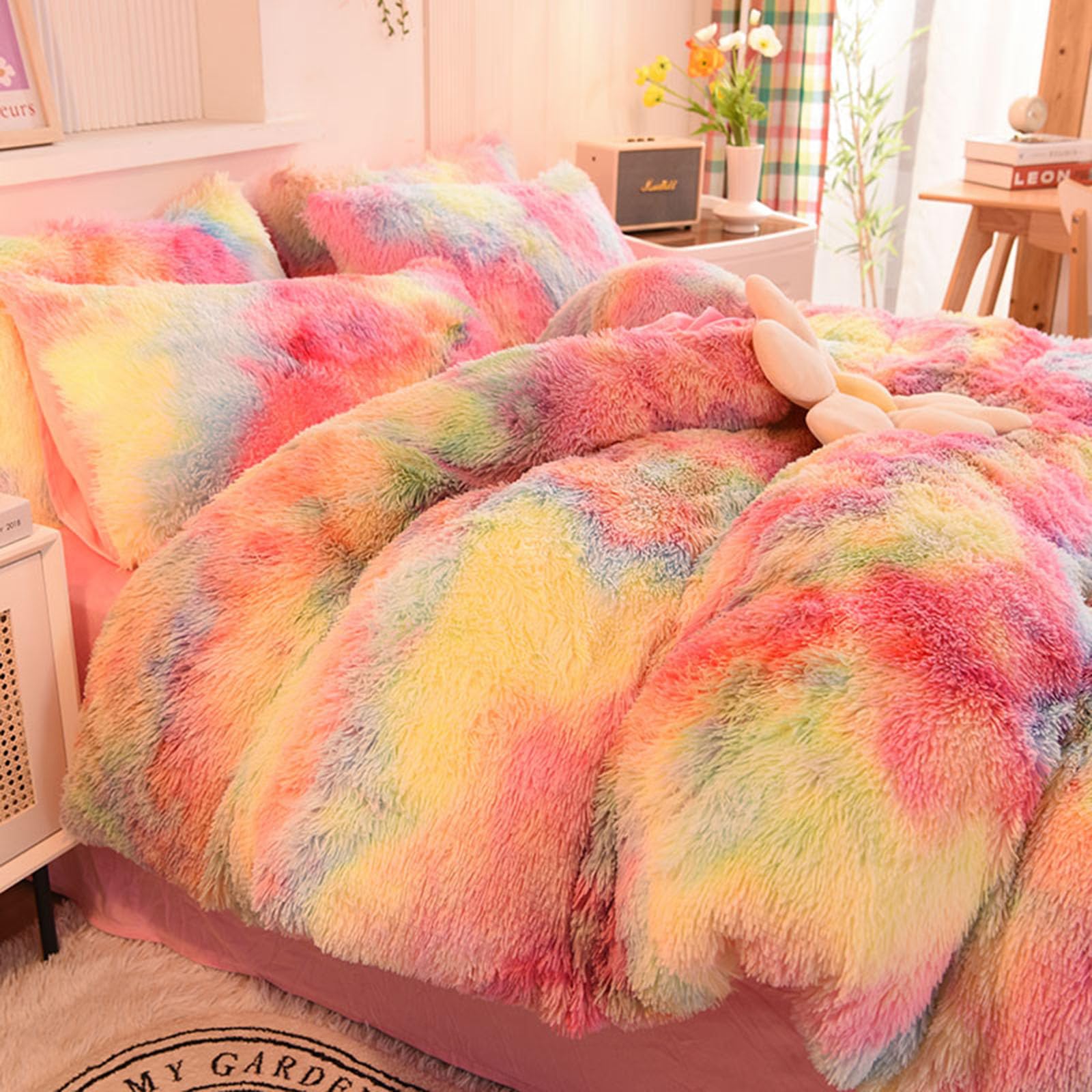 ZIQINPSQ Tie Dye Plush Shaggy Duvet Cover Set | Pink Faux Fur Bedding