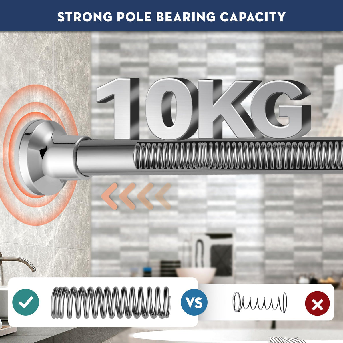 Silver Shower Curtain Pole, No Drilling No Rust Shower Curtain Rail 72cm to 195cm - image 2