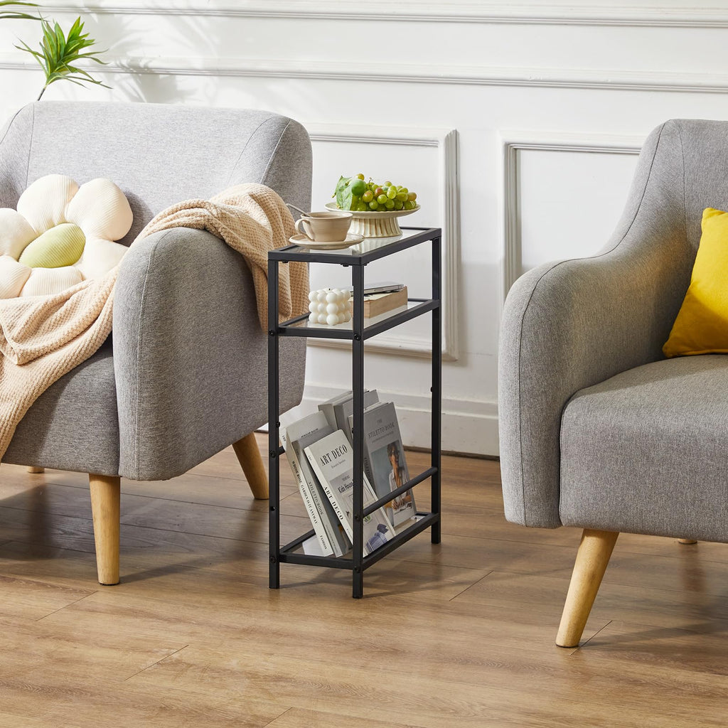 IBUYKE Narrow Side Table | 3-Tier Slim End Table with Glass Top - Black
