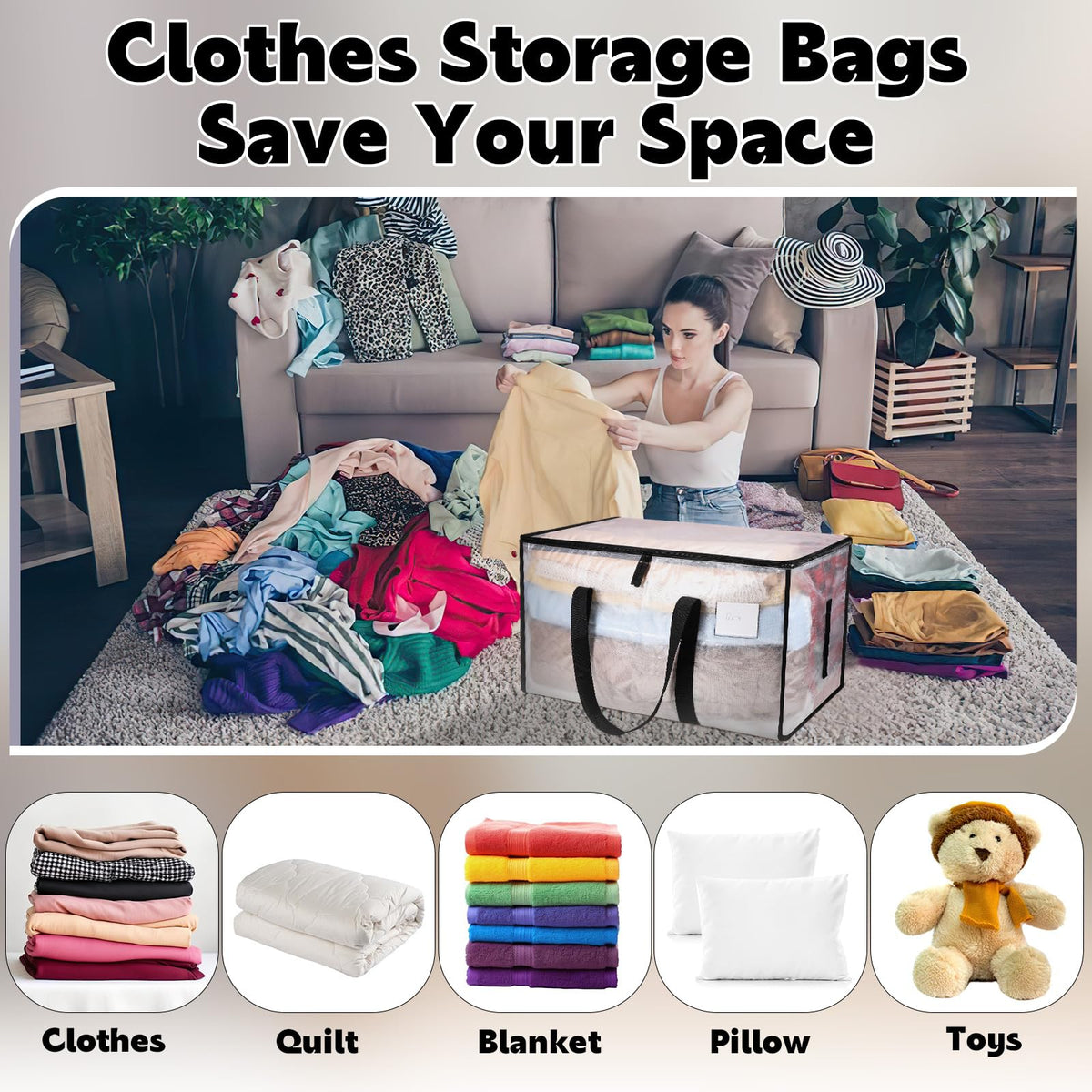 Yafe 3 Pack Large Clothes Storage Bags with Lids, 91L Clear Moving Boxes - image 5