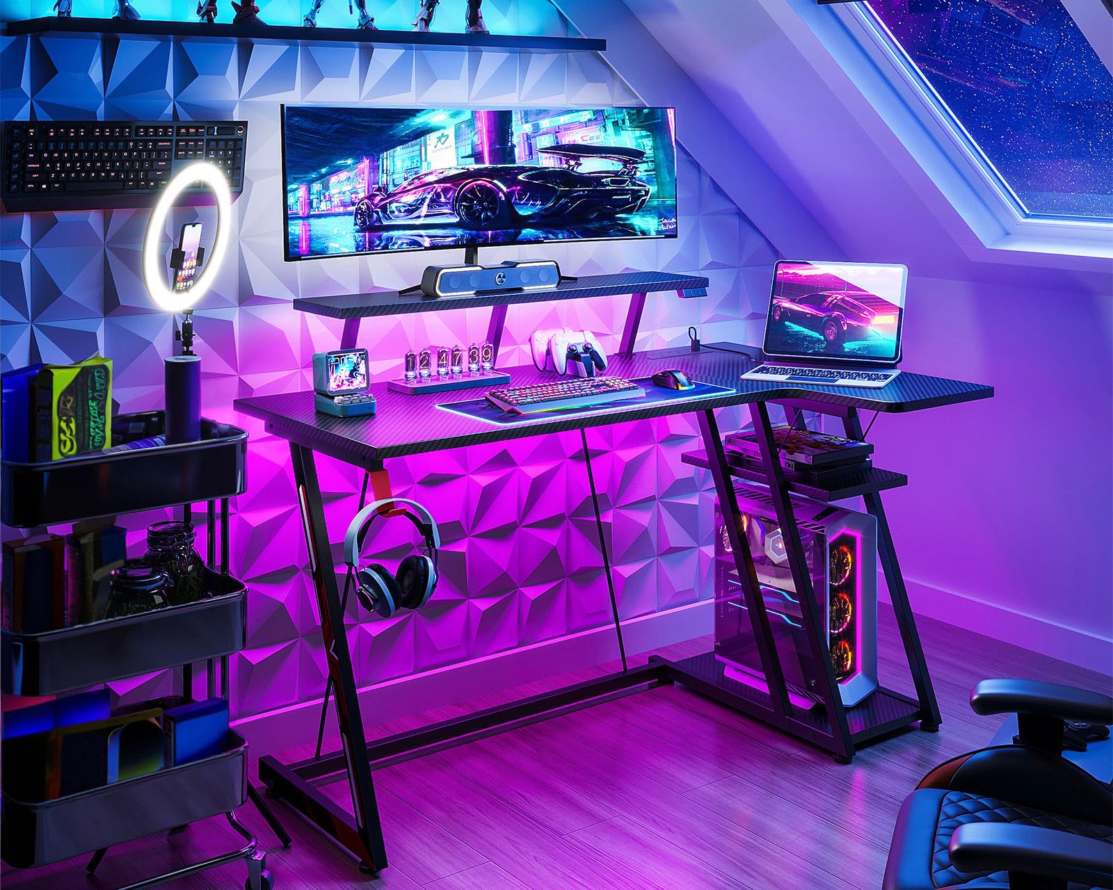 ODK L-Shaped Gaming Desk with LED Lights & Power Outlets - 120cm Black