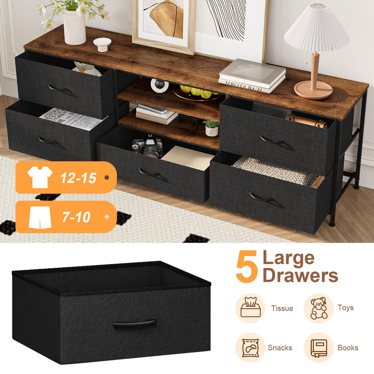 Forthcan TV Stand Cabinet, TV Unit with 5 Drawers, 140 cm, Black - image 4