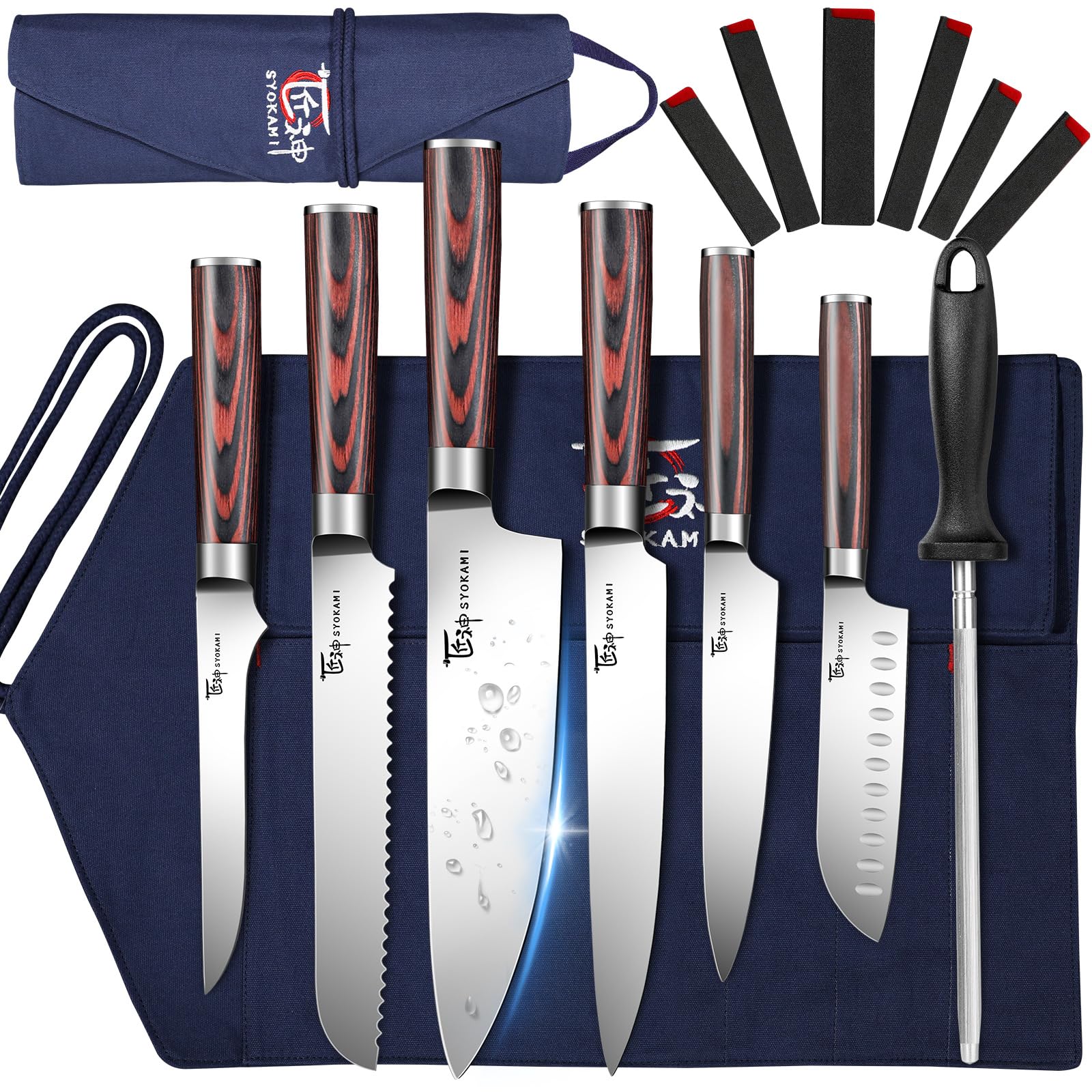 SYOKAMI 9-Piece Japanese Chef Knife Set | High Carbon Steel with Roll Bag