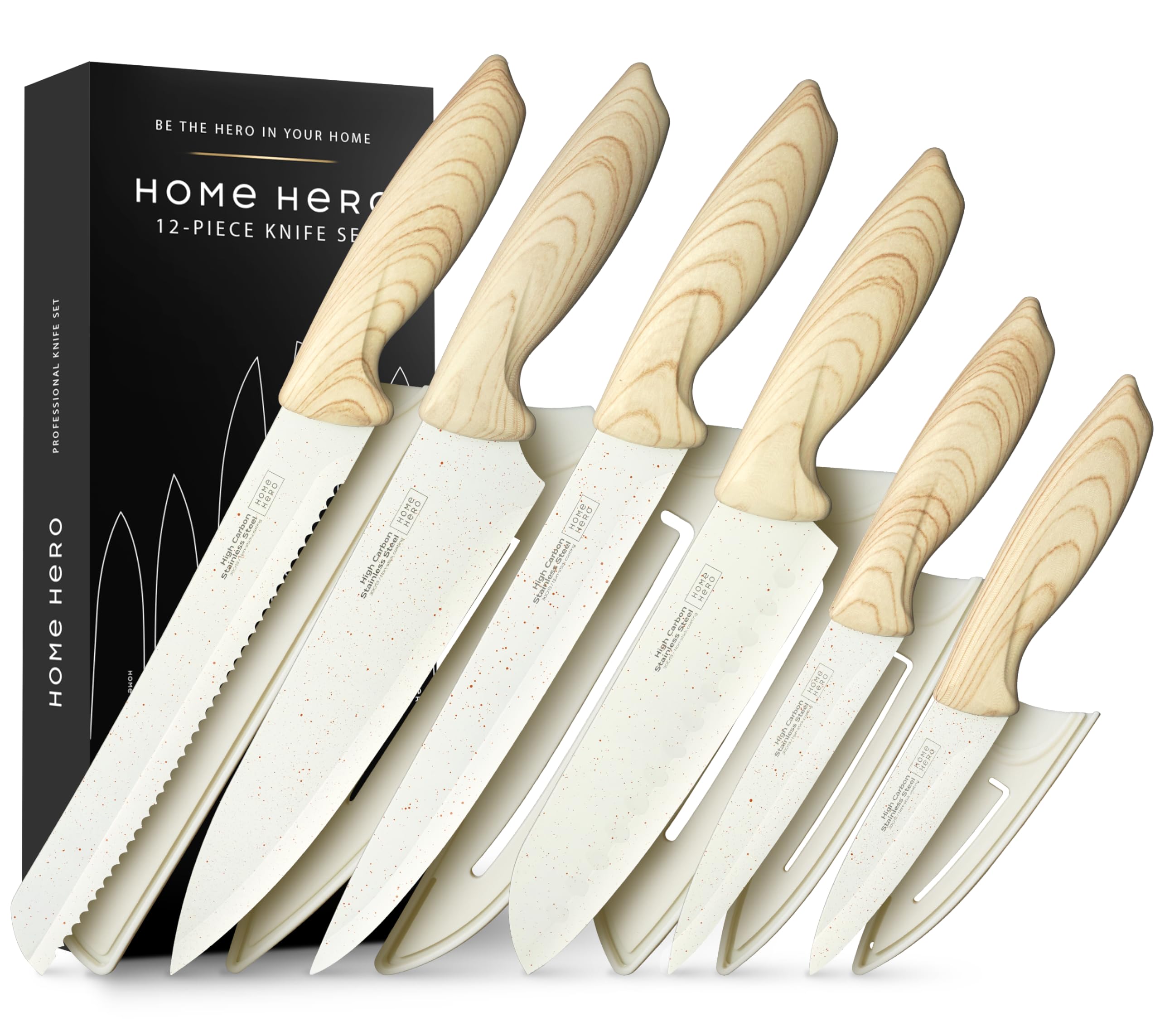 Home Hero 12-Piece Kitchen Knife Set with Sharpener – Cream Steel