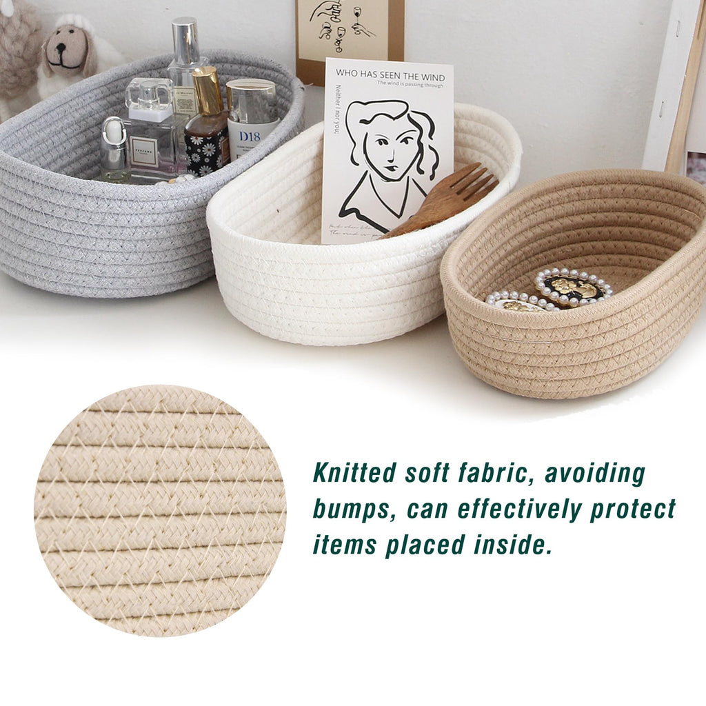 Spesh Cotton Rope Storage Baskets, Set of 3 Woven Shelf Baskets Oval Cotton Storage Boxes Empty Hampers Organiser BinsWhite - image 2