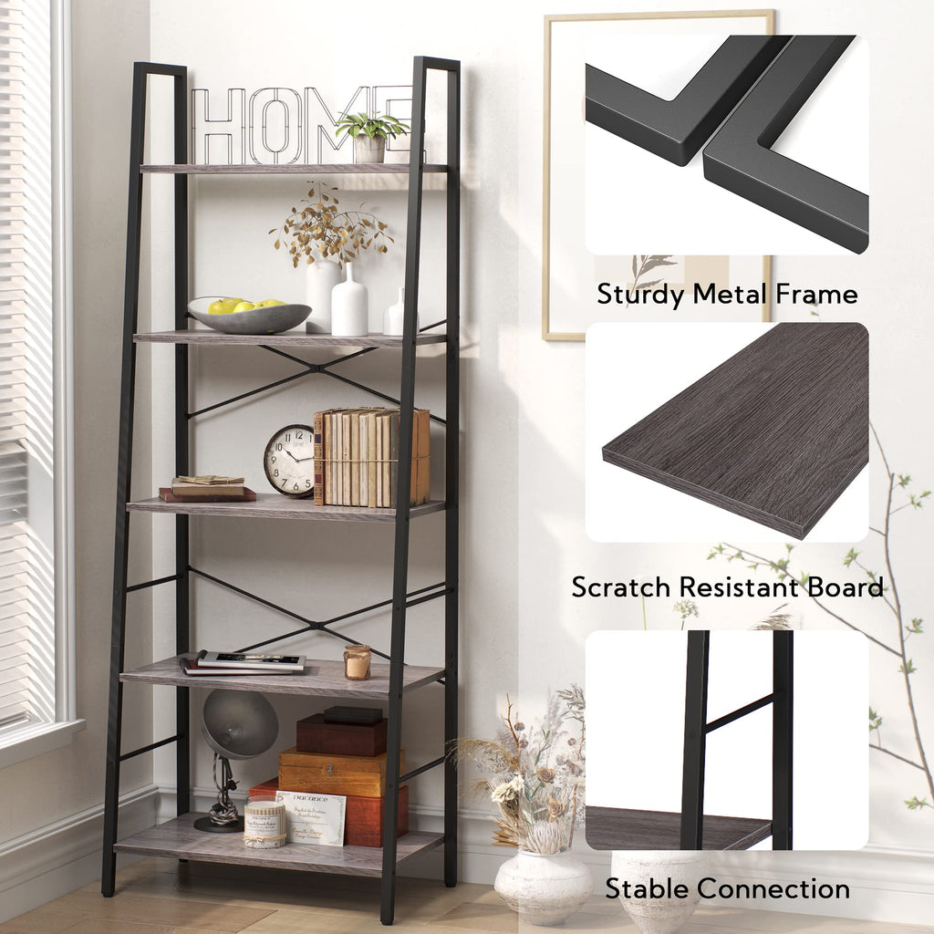 Yusong 5-Tier Industrial Ladder Shelf | Gray Oak Wood Bookcase