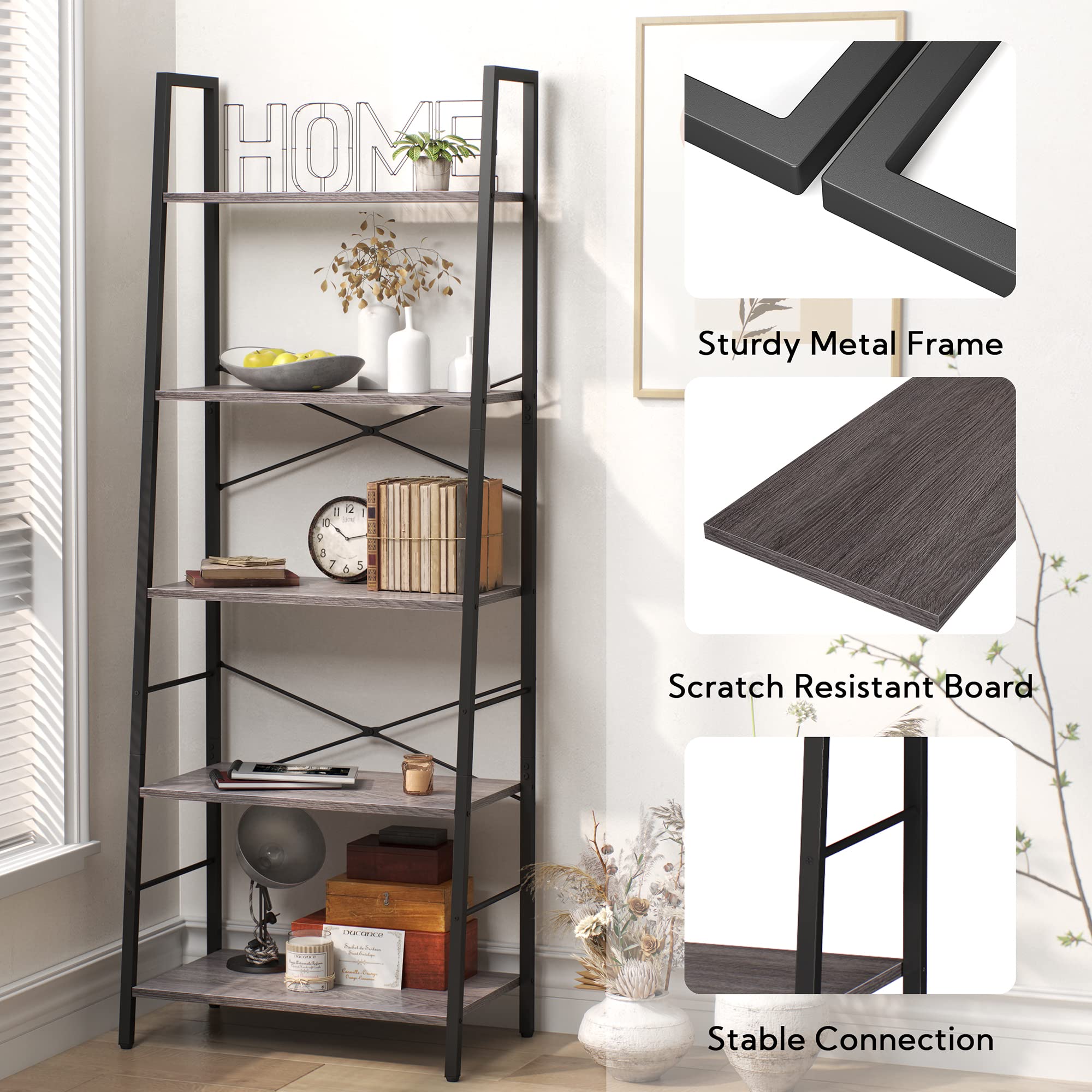 Yusong 5-Tier Industrial Ladder Shelf | Gray Oak Wood Bookcase