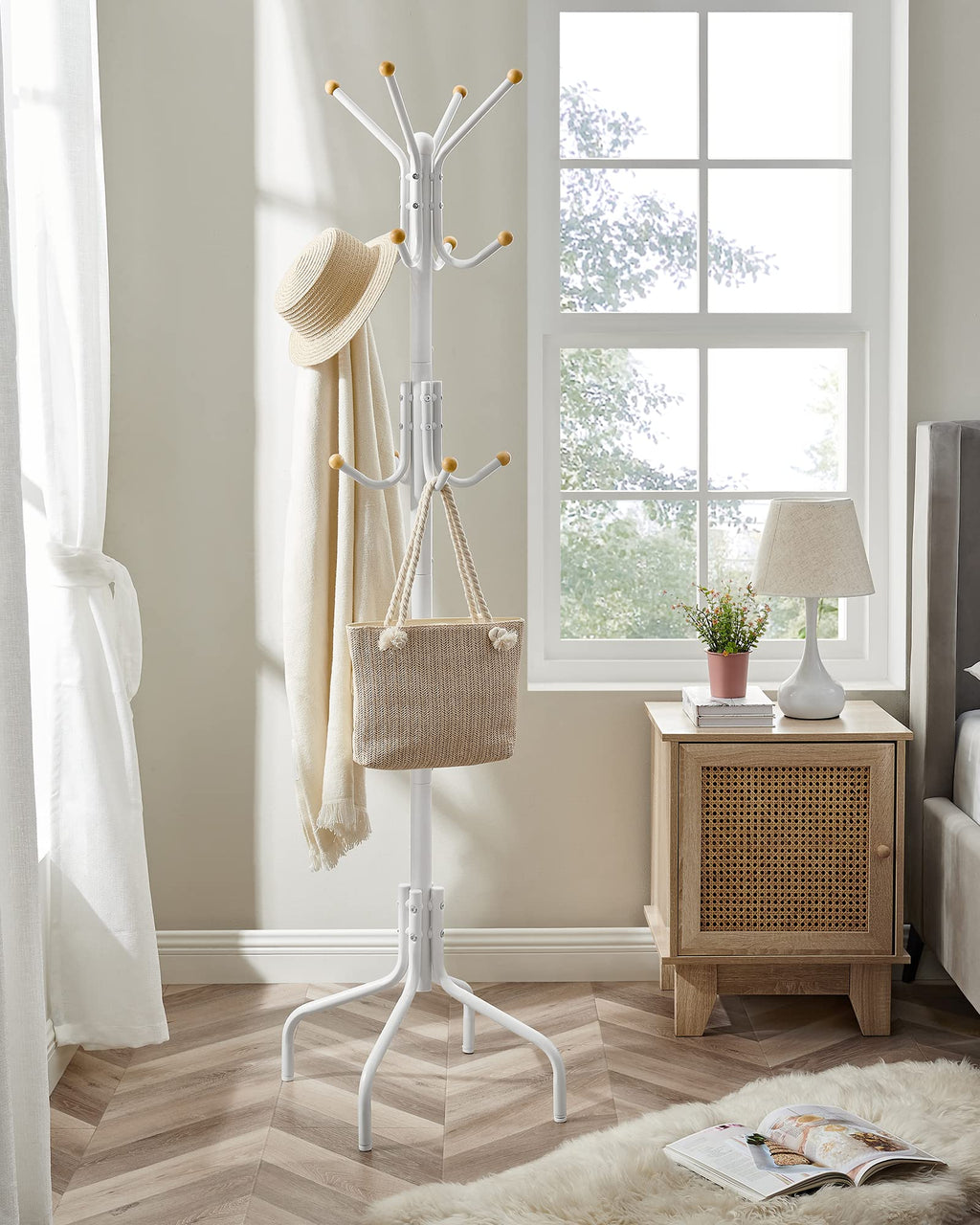 SONGMICS Metal Coat Rack – 12 Hooks & 4 Legs Standing Organizer, White