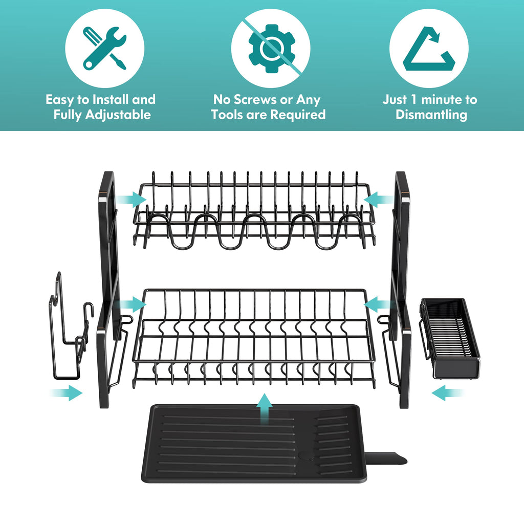 2-Tier Dish Drying Rack – Rustproof Stainless Steel with Drip Tray