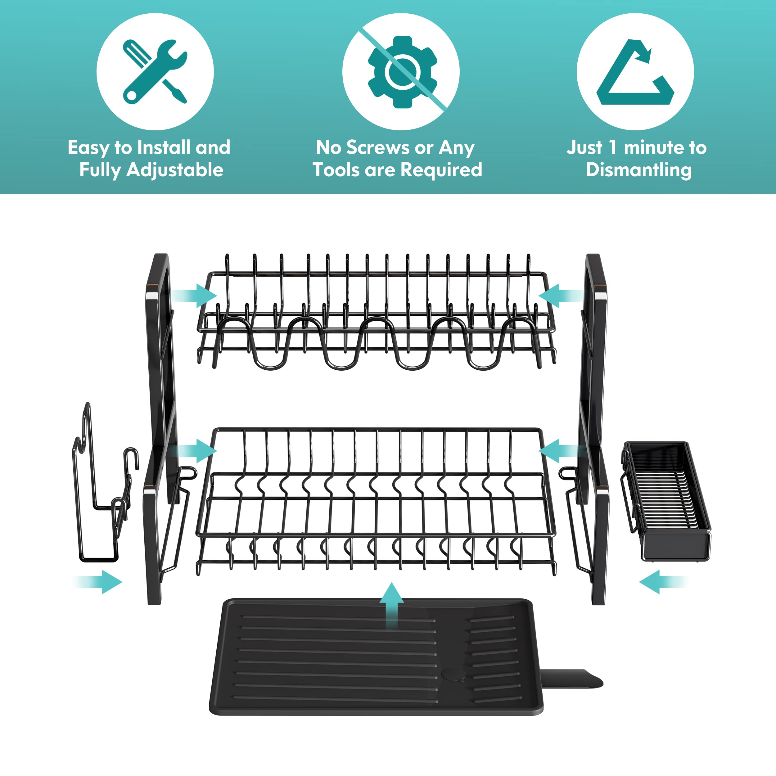 2-Tier Dish Drying Rack – Rustproof Stainless Steel with Drip Tray