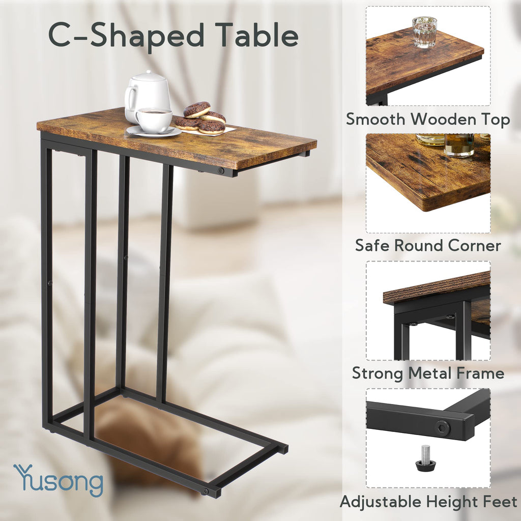 Yusong C Shaped End Table – Slim Industrial Sofa Side Table, Rustic Brown