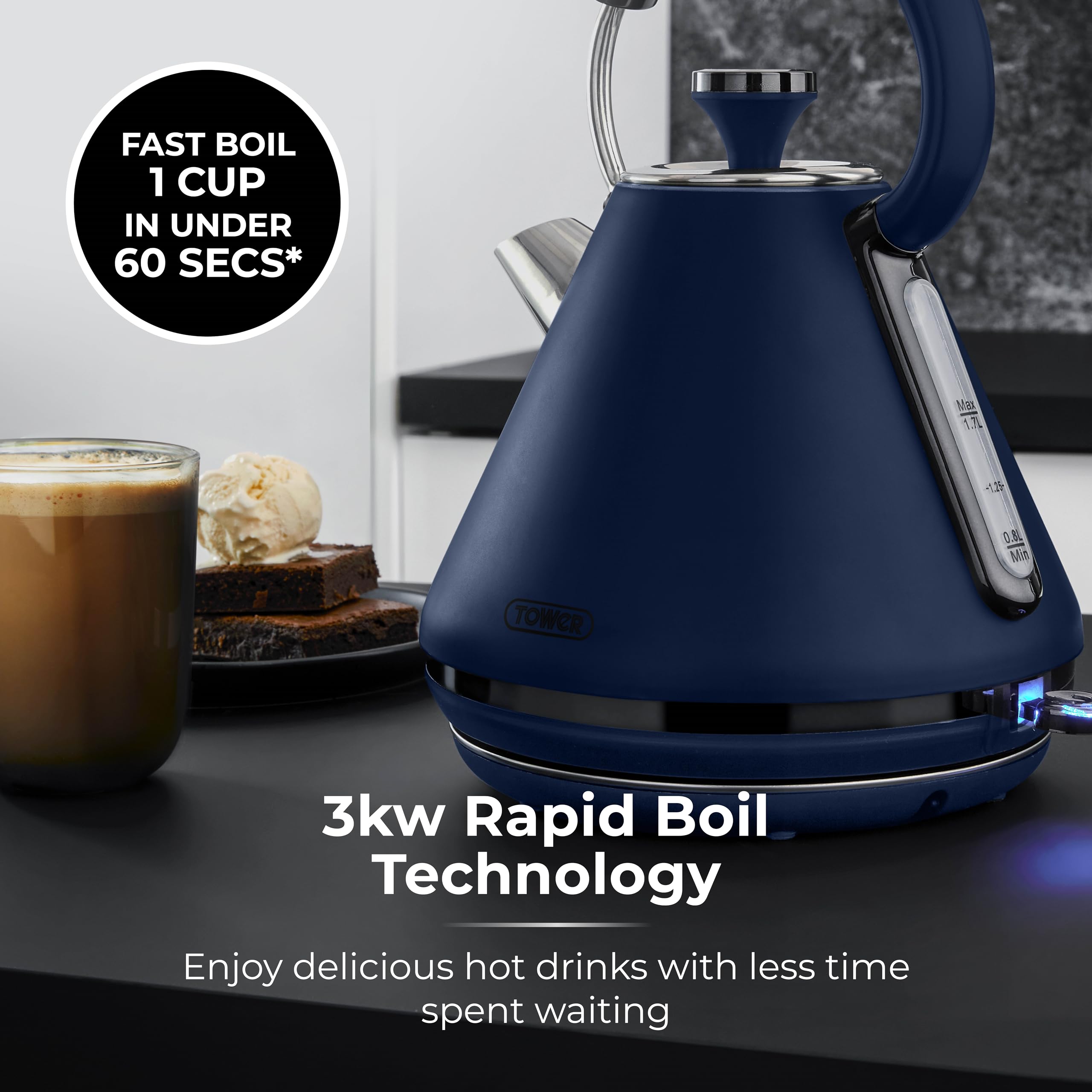 Tower Sera Pyramid Kettle | 1.7L Rapid Boil 3KW | Midnight Blue