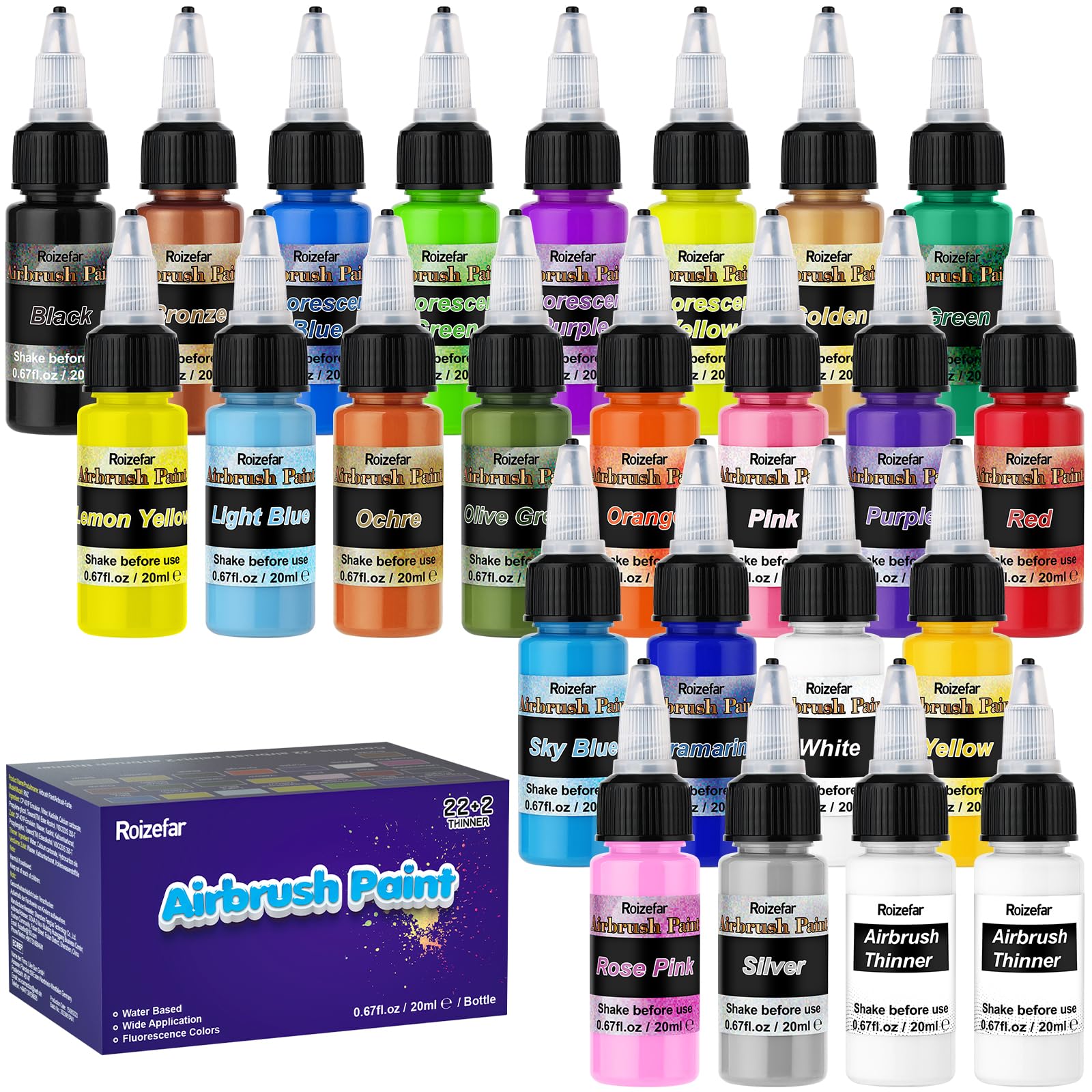 Roizefar Airbrush Paint Kit – 22 Colors Water-Based Acrylic Set with Thinners