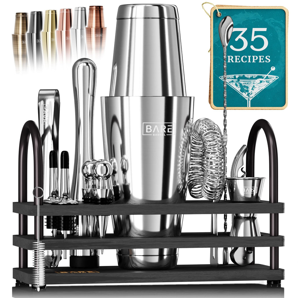Bare Barrel 14-Piece Cocktail Making Kit with Bamboo Stand & Recipes