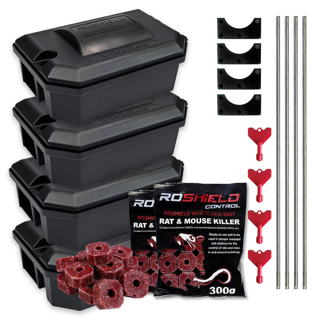 Roshield Rat Killer Kit | 4 Tamper Proof Bait Boxes & 300g Wax Blocks