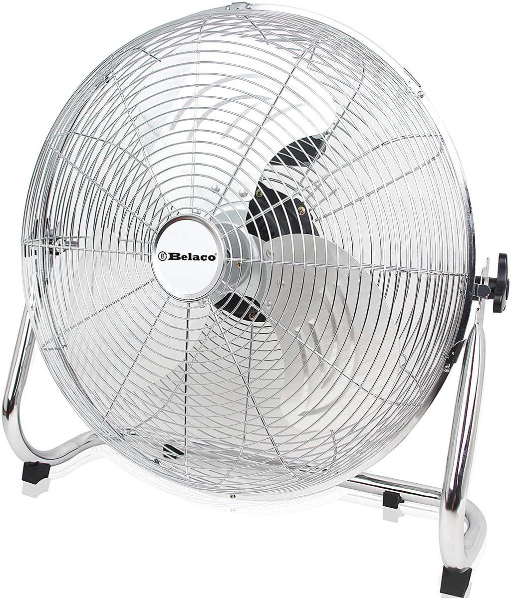 Belaco 18-Inch Metal Floor Fan | 100W High Velocity Chrome Industrial Fan