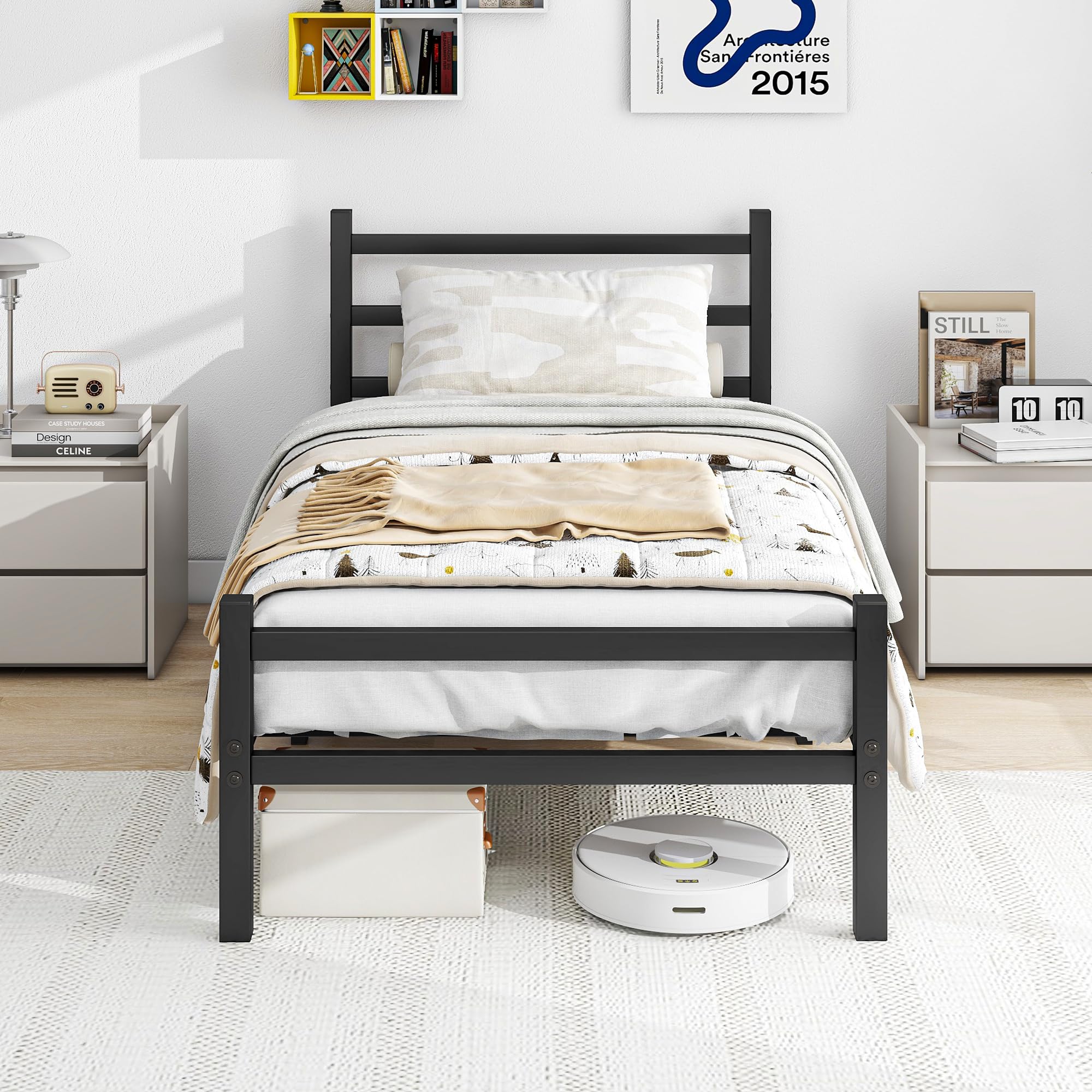 BORPHOM 3ft Single Metal Bed Frame – Heavy Duty Platform with Headboard