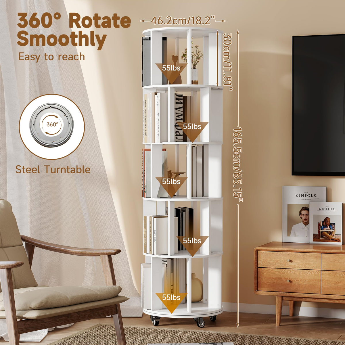 Turosur 5-Tier Rotating Bookshelf, 360° Revolving Bookcase Floor Standing - image 2