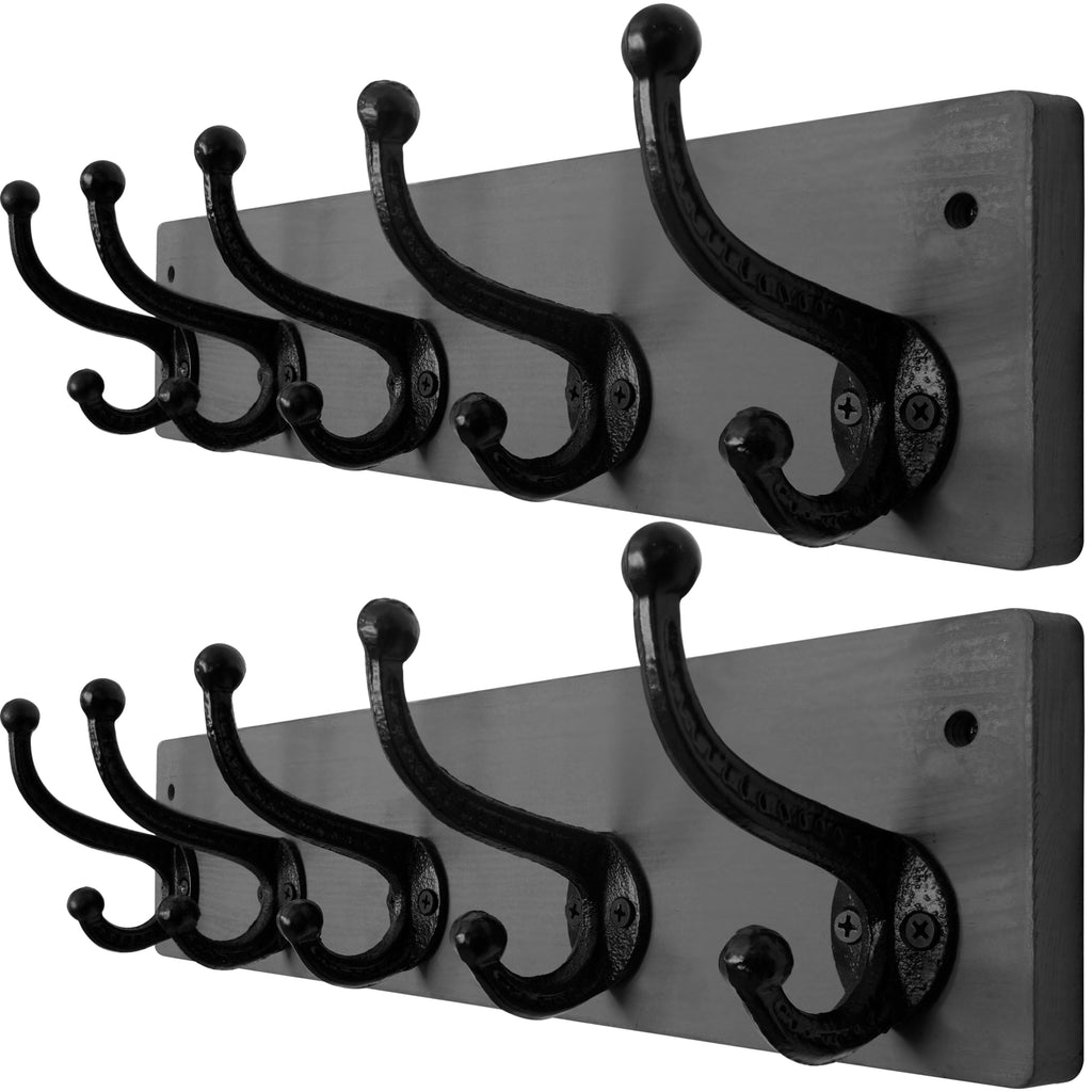 WEBI Rustic Wall Mounted Coat Rack – 5 Cast Iron Hooks, Solid Wood, 2 Pack