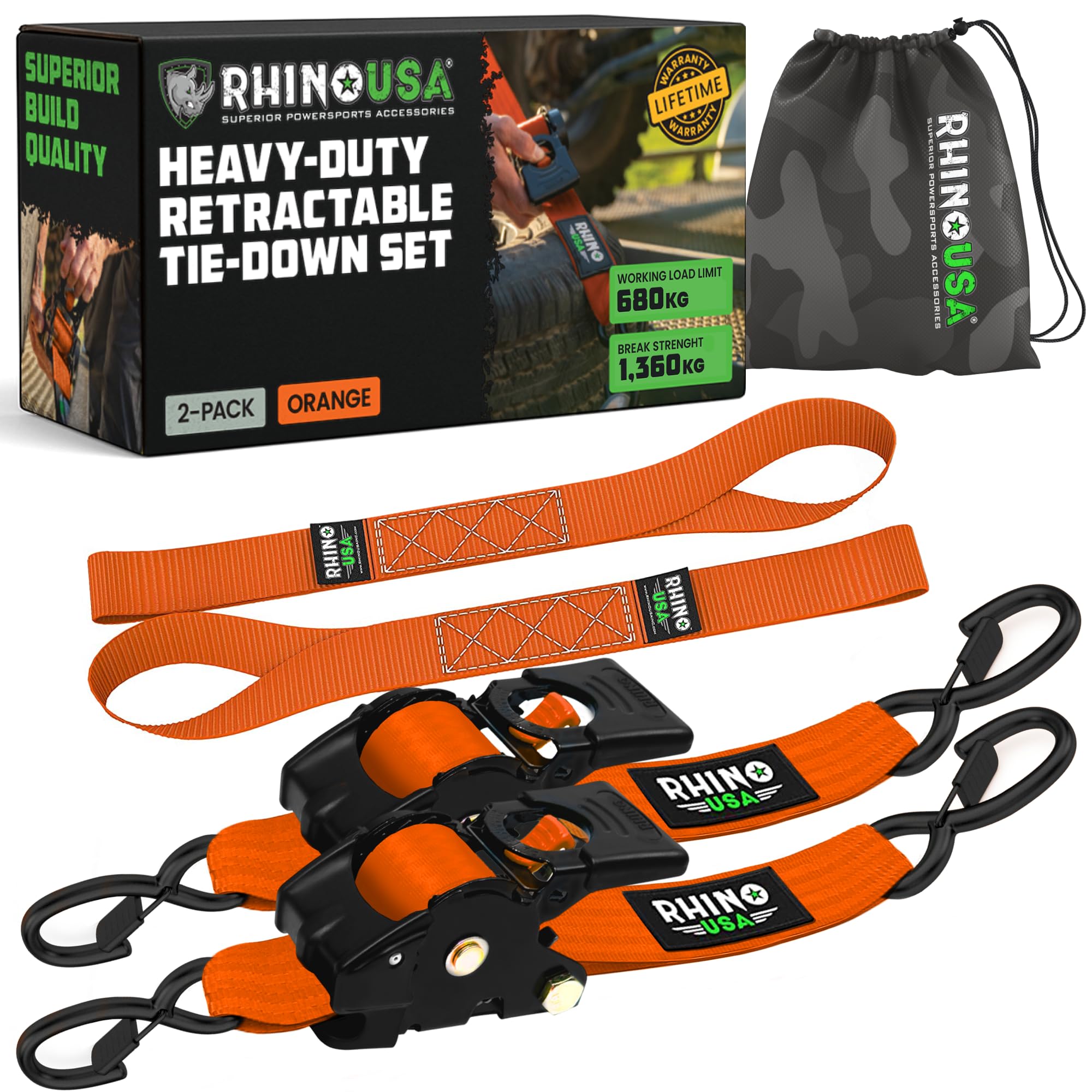 Rhino USA Retractable Ratchet Straps | 1,360kg Heavy Duty Tie Downs