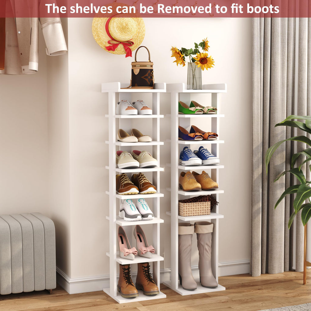 HOME BI 7-Tier Narrow Shoe Rack – Slim Wooden Corner Storage Tower, White