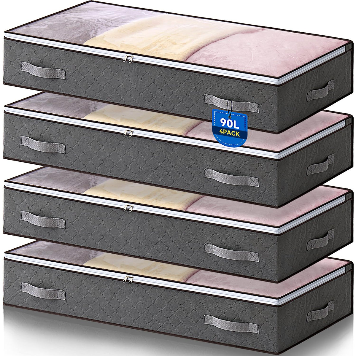 Boic 4 Pack Under Bed Storage Boxes With Lids, 90L Underbed Storage Organiser For Clothes, Comforters, Blankets & Bedding - image 1