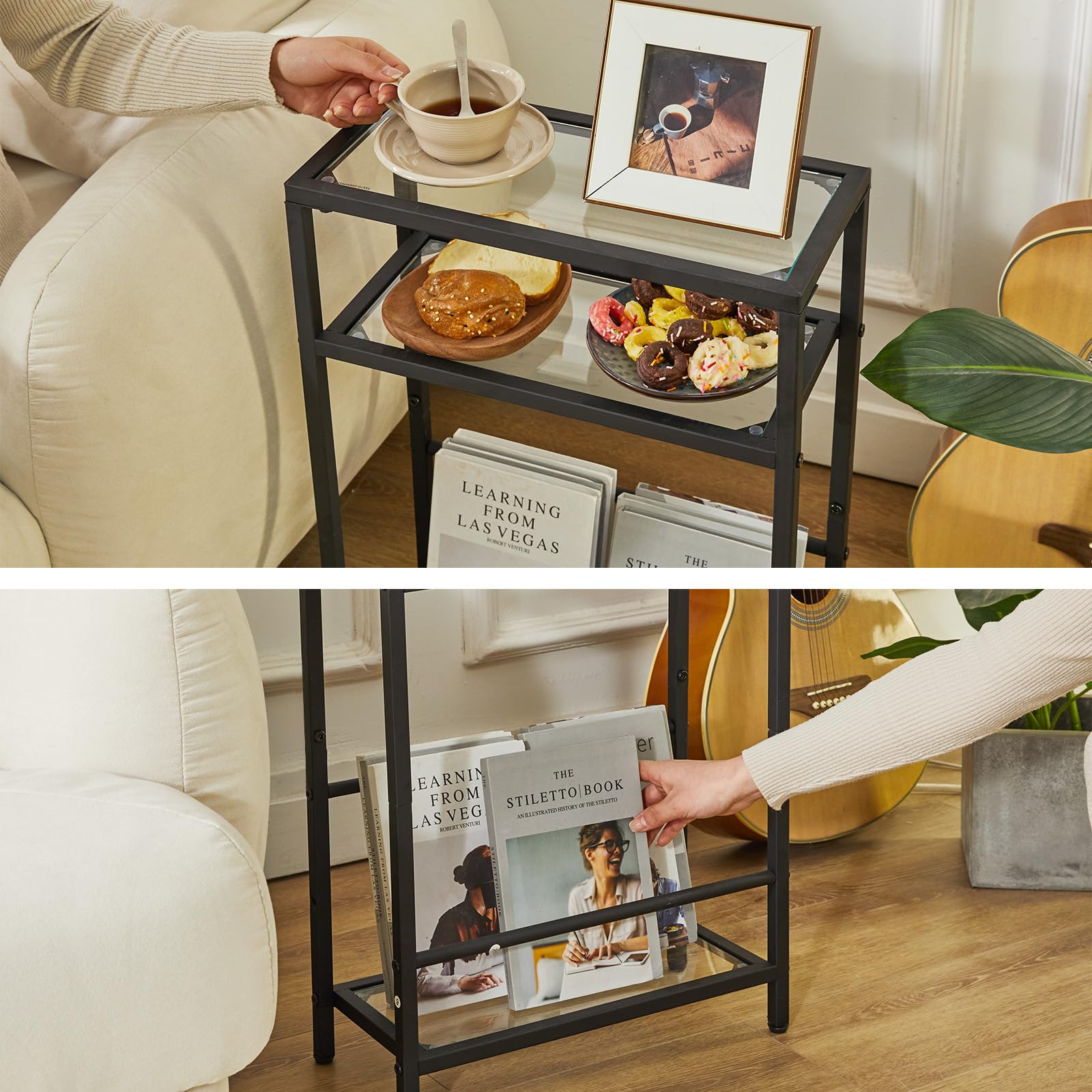 IBUYKE Narrow Side Table | 3-Tier Slim End Table with Glass Top - Black