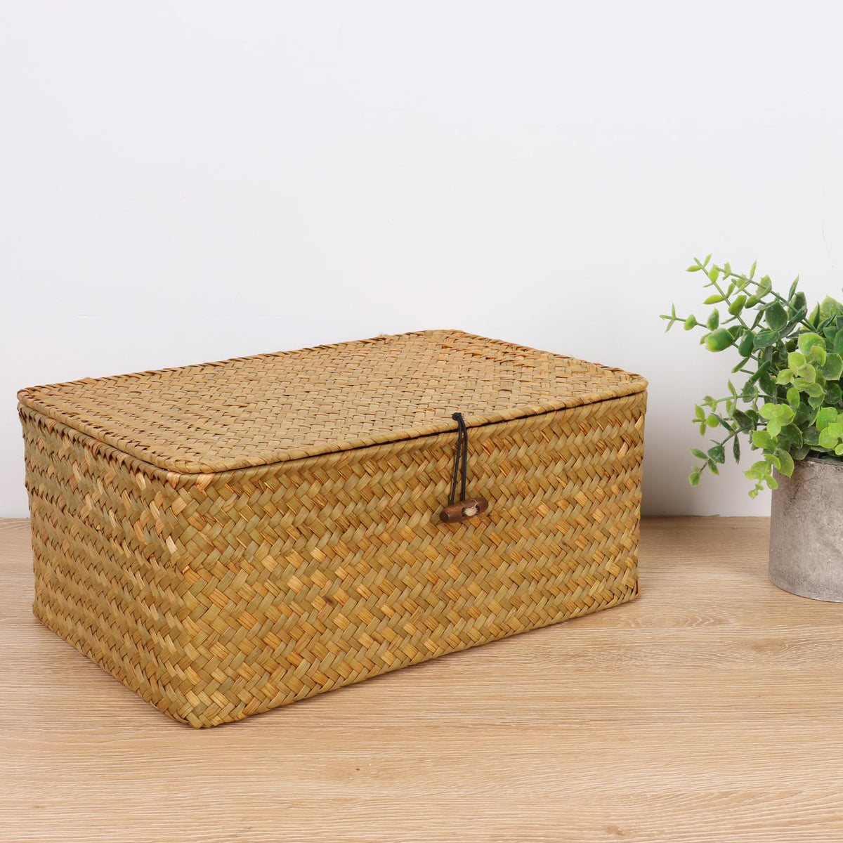 FEIALNDUO Wicker Shelf Baskets with Lid,Seagrass Storage Basket Bins Rectangular Handwoven Basket Boxes for Shelves Desktop Home Organizer - image 2