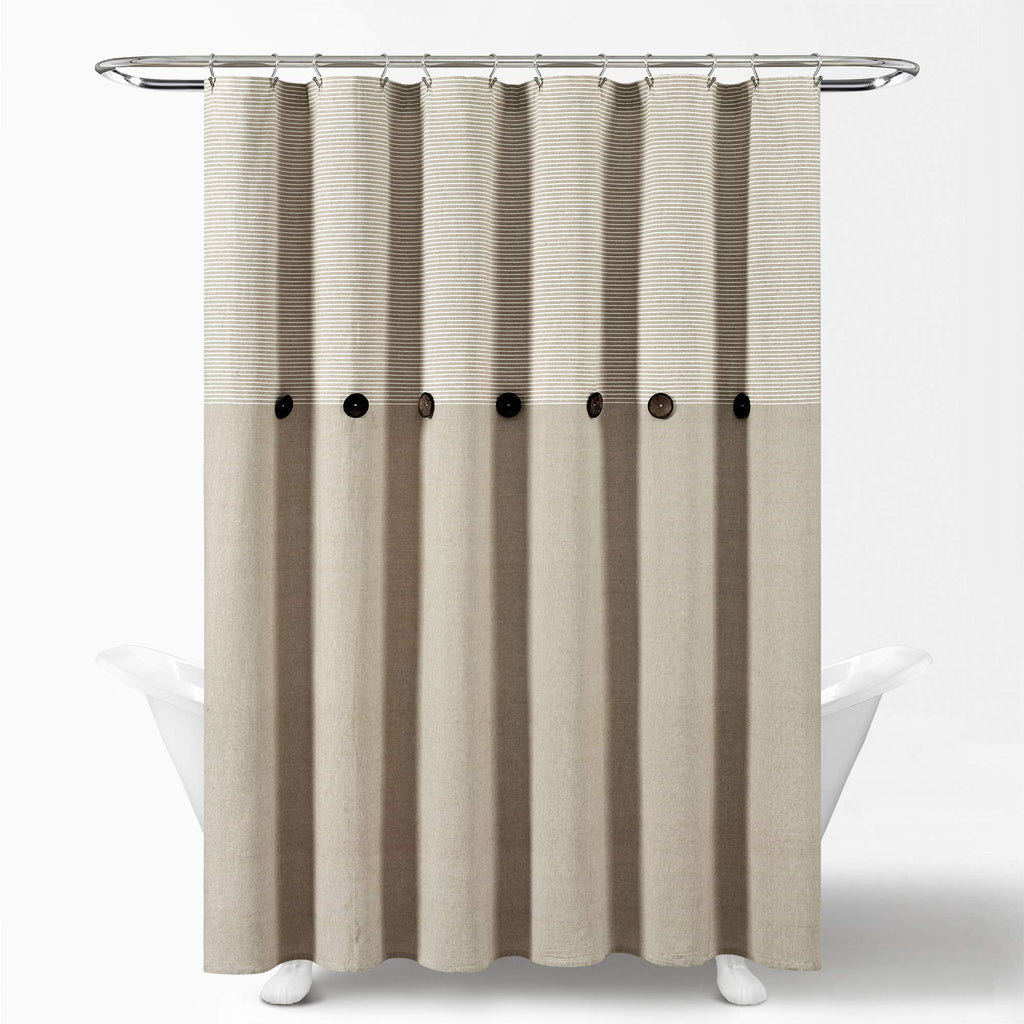Lush Decor Beige Linen Woven Cotton Shower Curtain, Farmhouse Button Stripe, Yarn Dyed 72" x 72"
