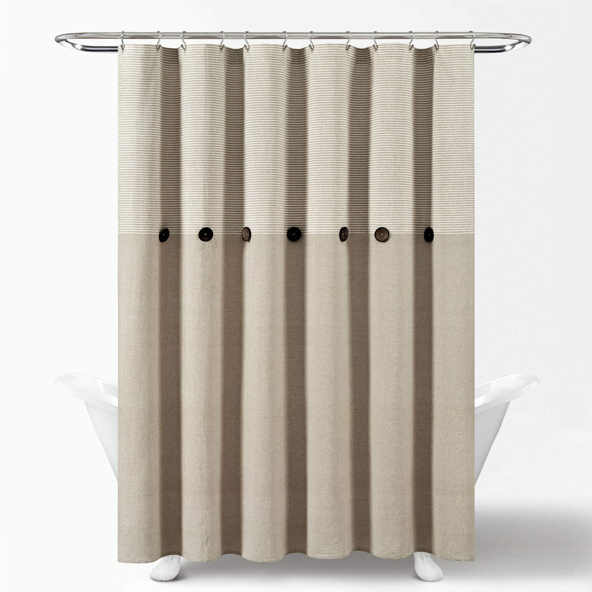 Lush Decor Beige Linen Woven Cotton Shower Curtain, Farmhouse Button Stripe, Yarn Dyed 72" x 72"