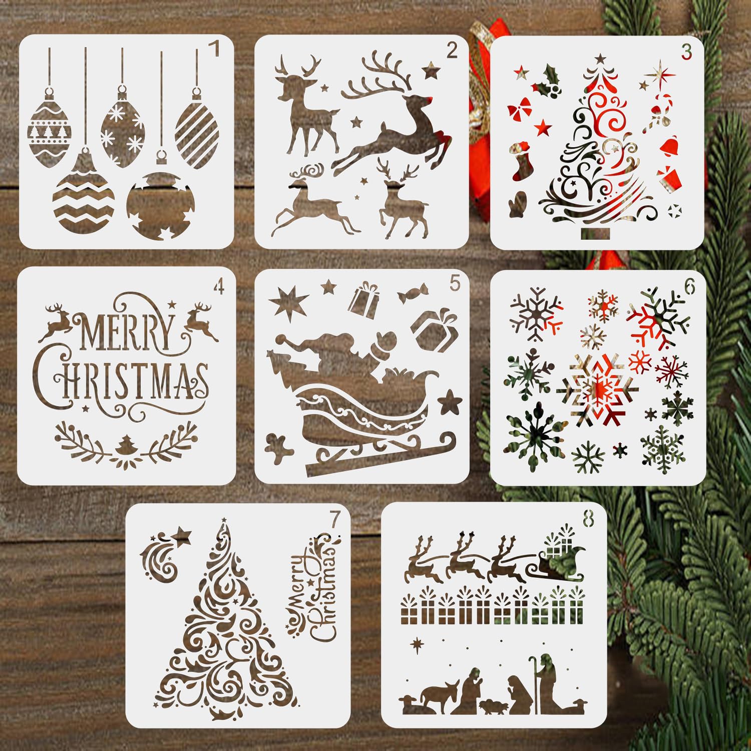 8Pcs Christmas Stencils | 12x12 Reusable Plastic Craft Templates