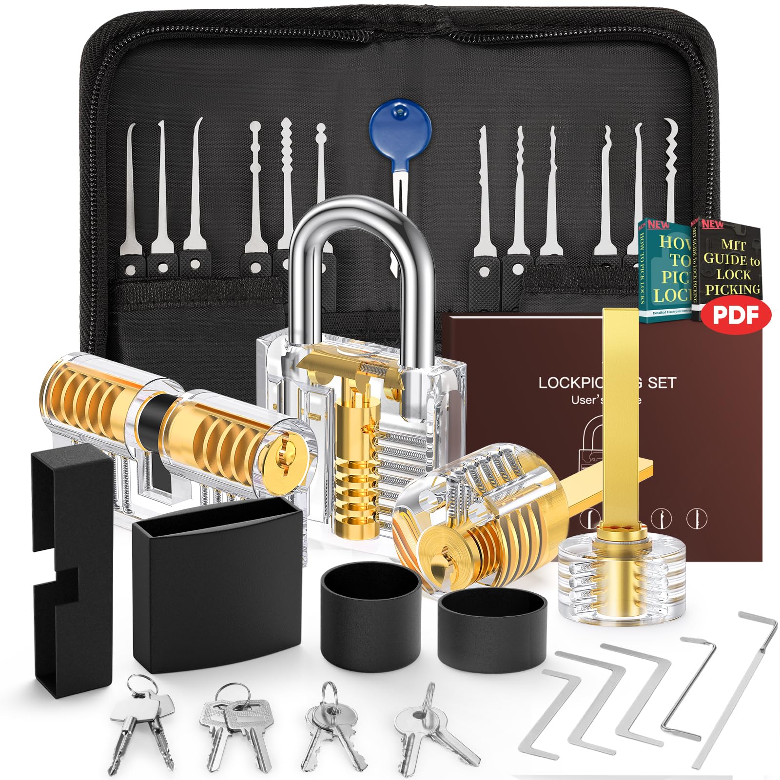 IPSXP 32-Piece Lock Picking Set with 4 Transparent Training Locks