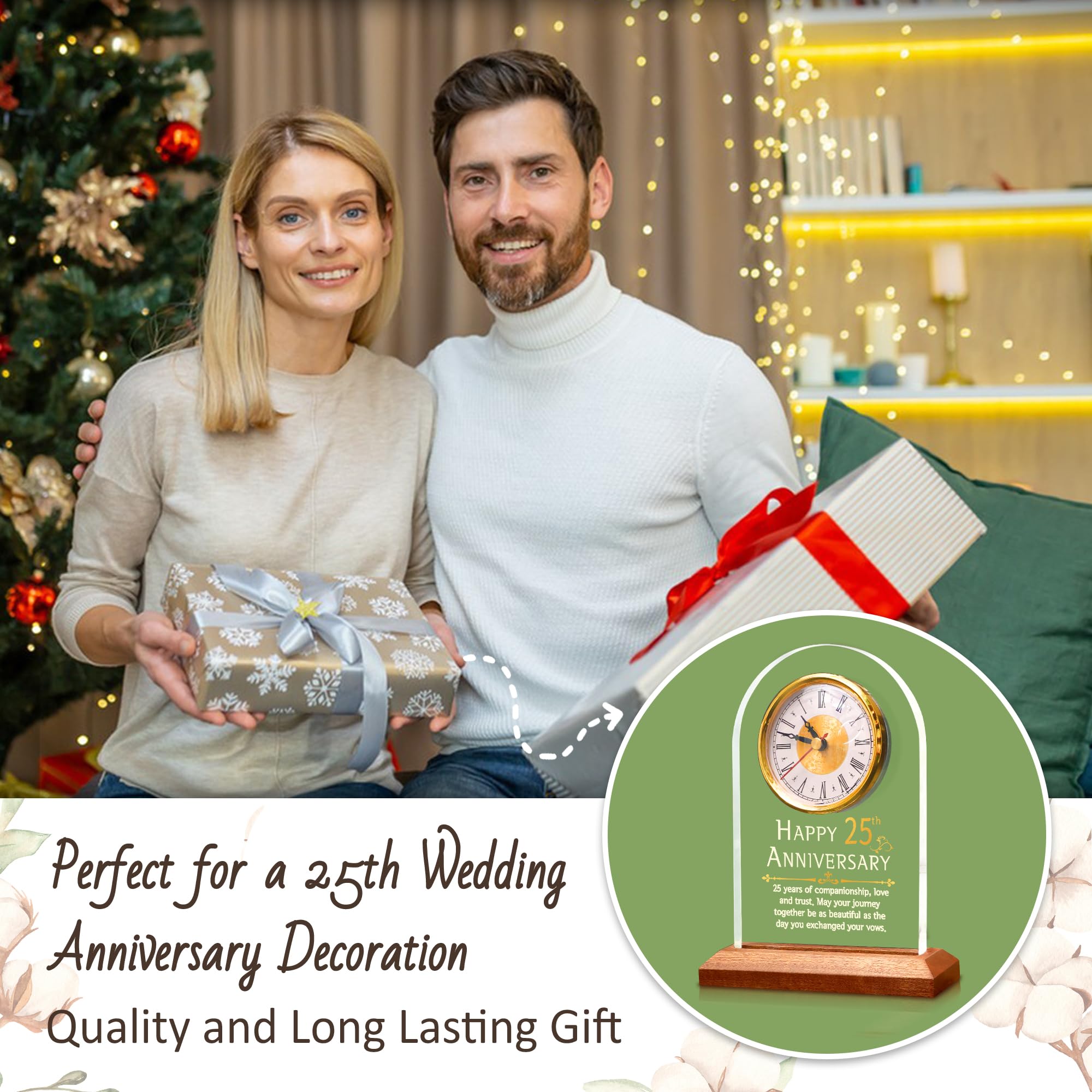 OkiyiD 25th Anniversary Quartz Clock | Light Up Wooden Base Silver Wedding