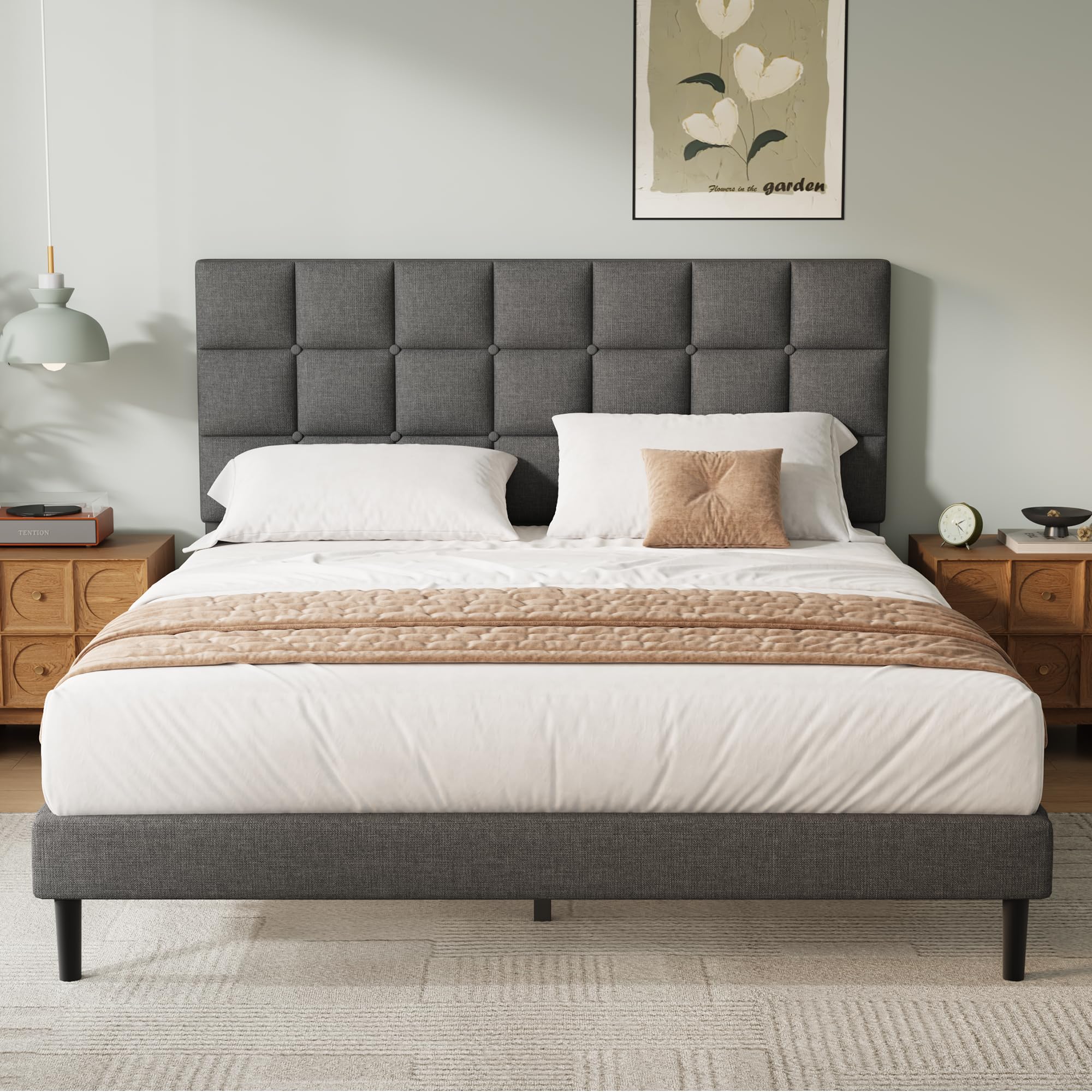 Super King Upholstered Platform Bed Frame – Gray Linen