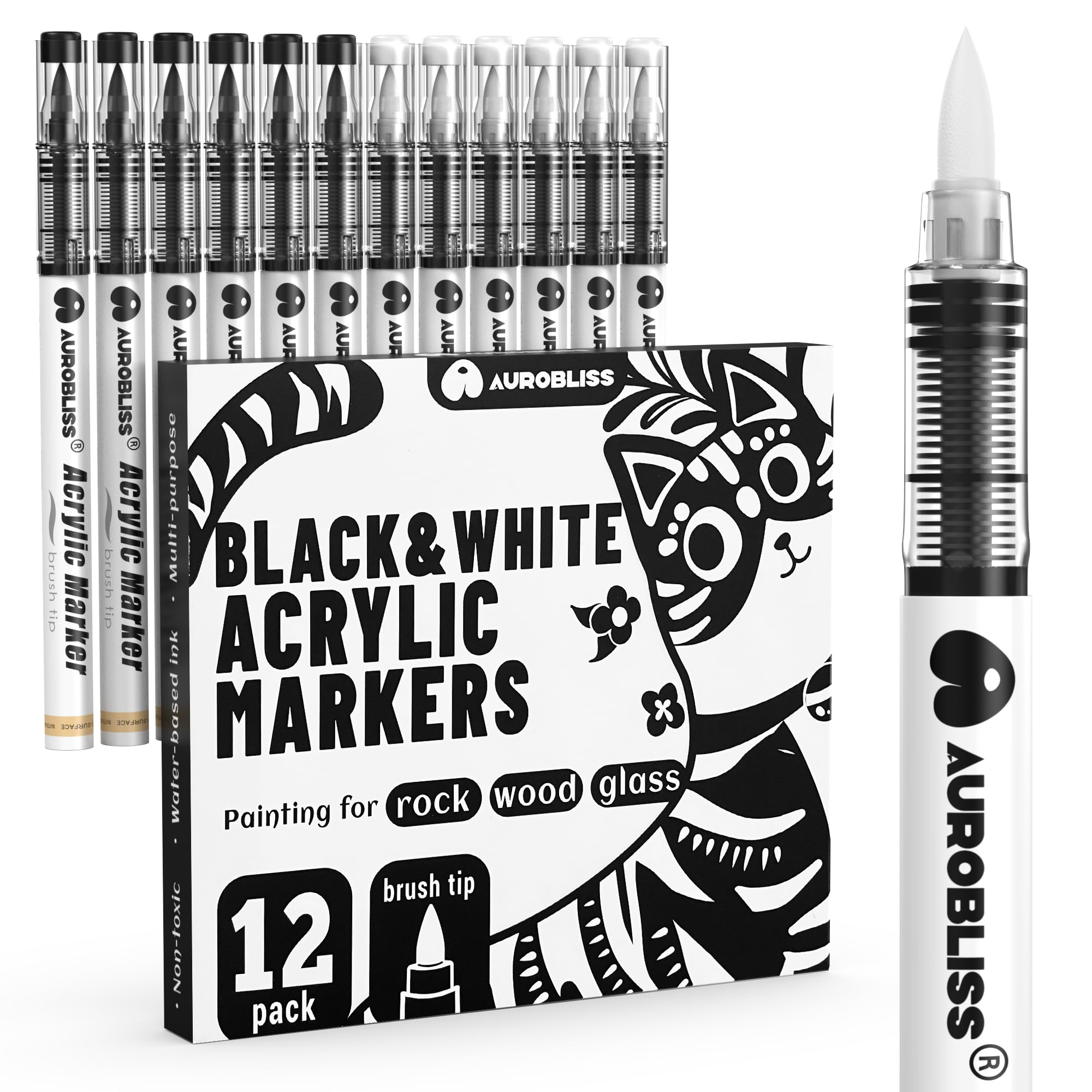 Aurobliss Black and White Acrylic Paint Pens | 12pc Brush Tip Markers