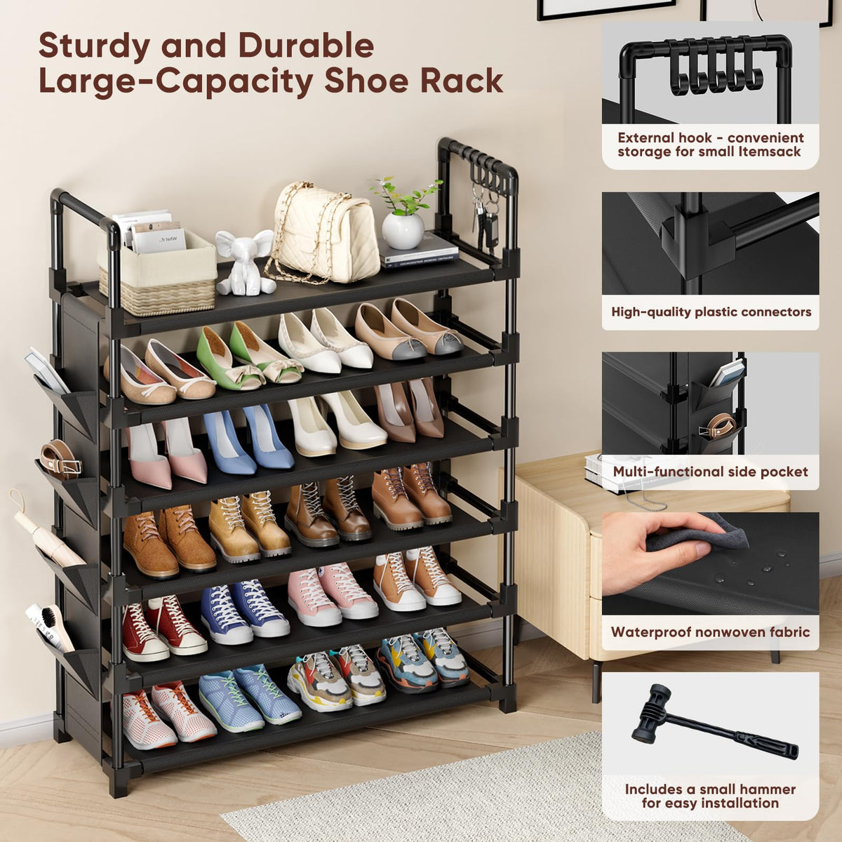 Mavivegue 6 Tier Metal Shoe Rack with 5 Hooks & 4 Side pockets - image 3