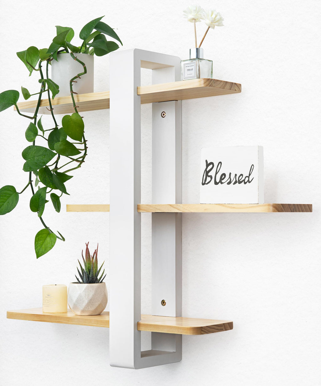 SUMGAR White Floating Shelves | 3-Tier Pine Wood Wall Mounted Shelving Unit