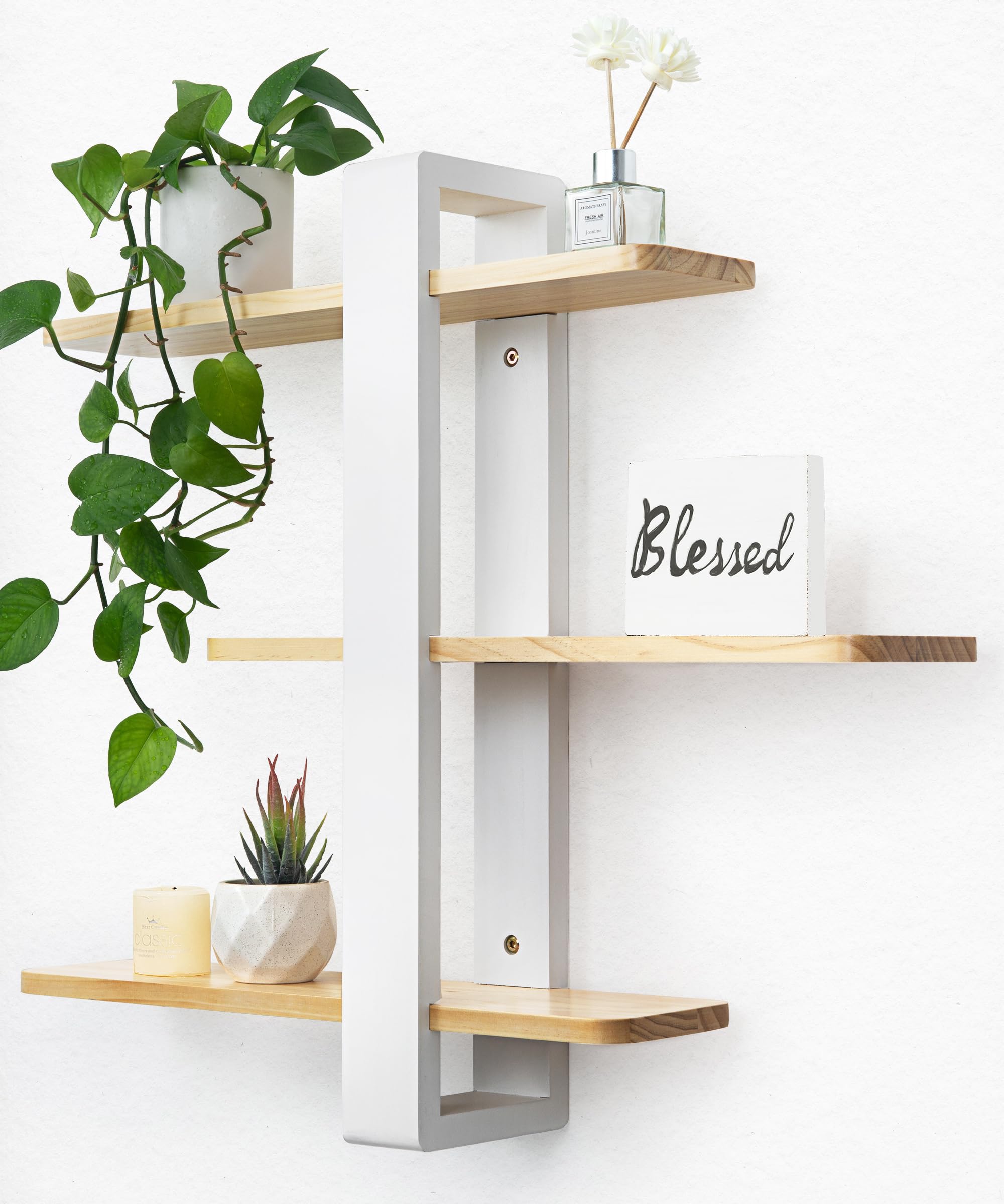 SUMGAR White Floating Shelves | 3-Tier Pine Wood Wall Mounted Shelving Unit