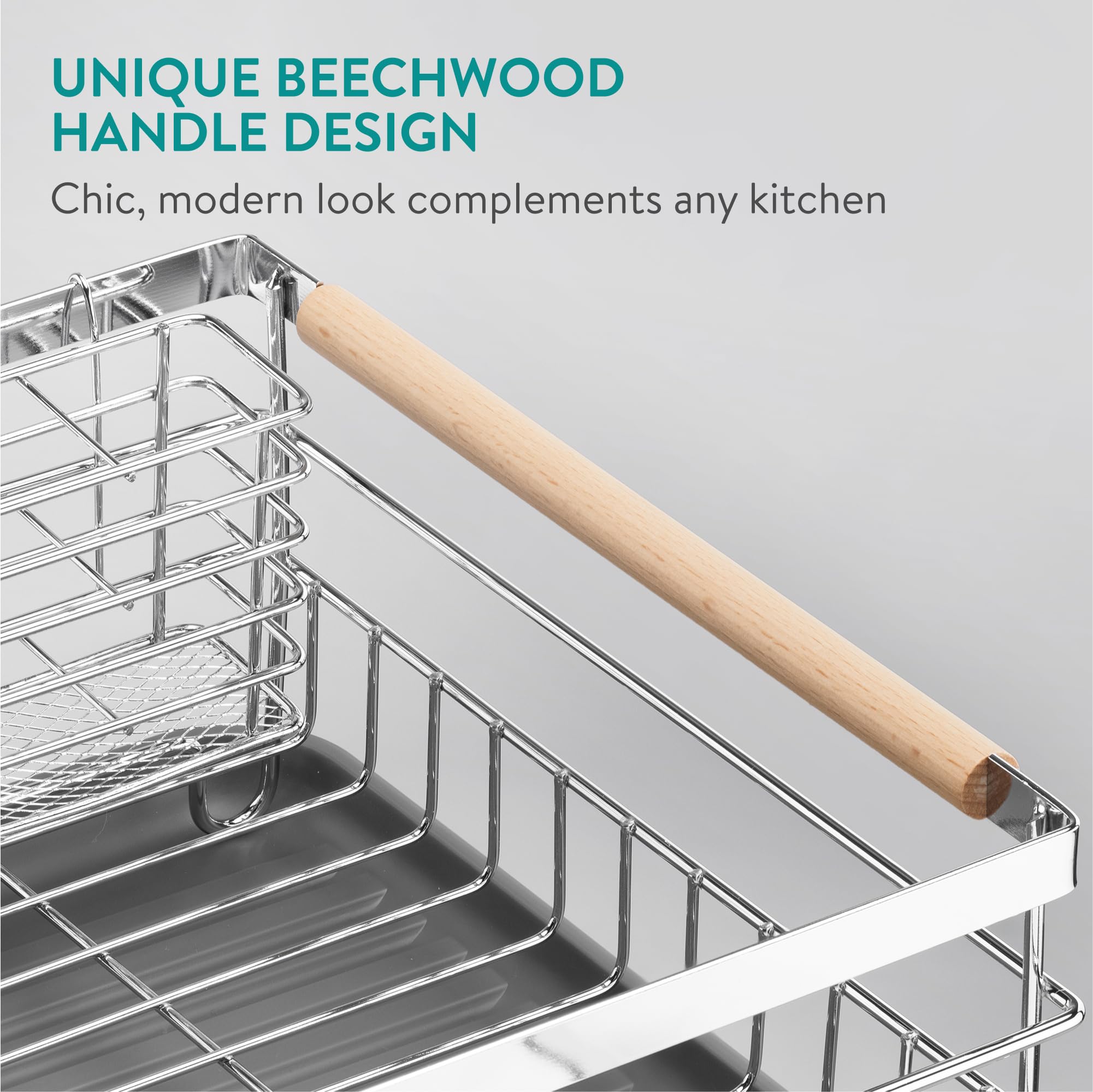Navaris Compact Dish Drying Rack with Drip Tray and Wooden Handles – Silver