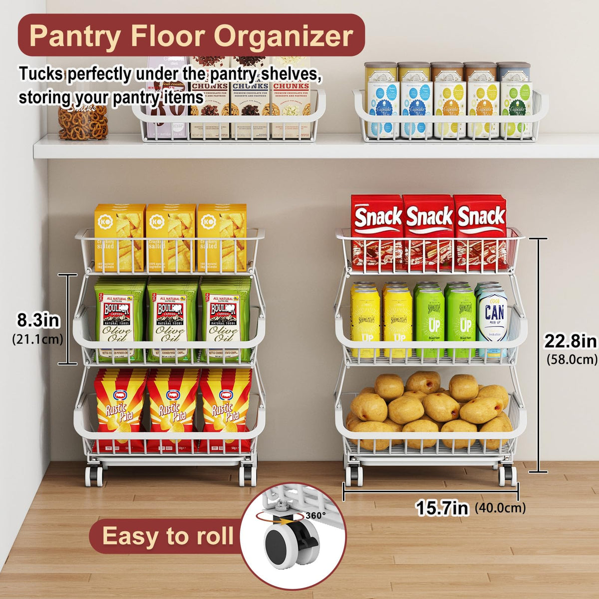 Miyawell 3-Tier Rolling Pantry Cart with Wheels, Stackable Wire Storage Floor Organizer for Kitchen Pantry Snack Shelves, Fruit Basket Stand - image 3
