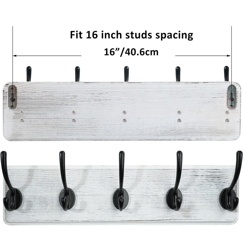 WEBI Solid Wood Wall Mounted Coat Rack | 5 Large Hooks, Rustic White, 2 Pack