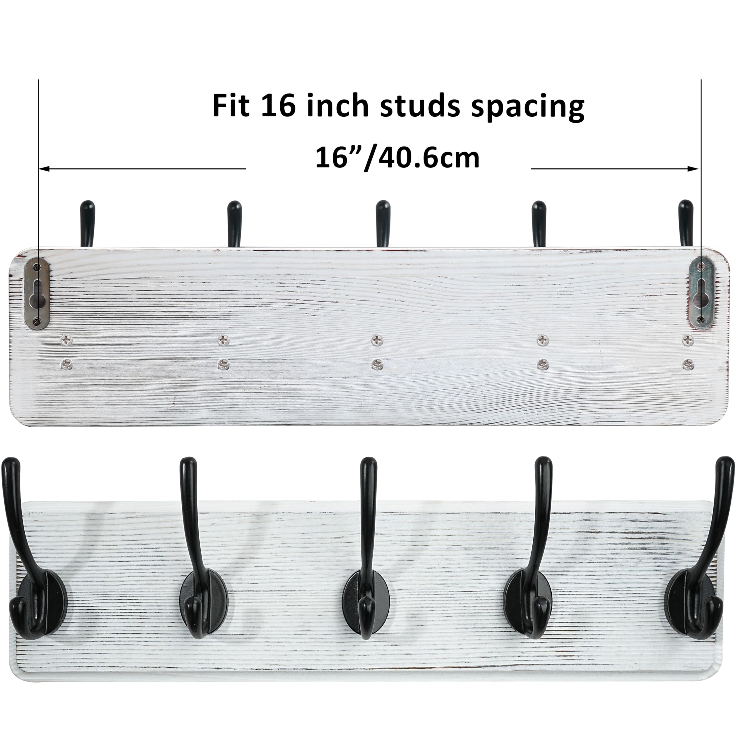 WEBI Solid Wood Wall Mounted Coat Rack | 5 Large Hooks, Rustic White, 2 Pack