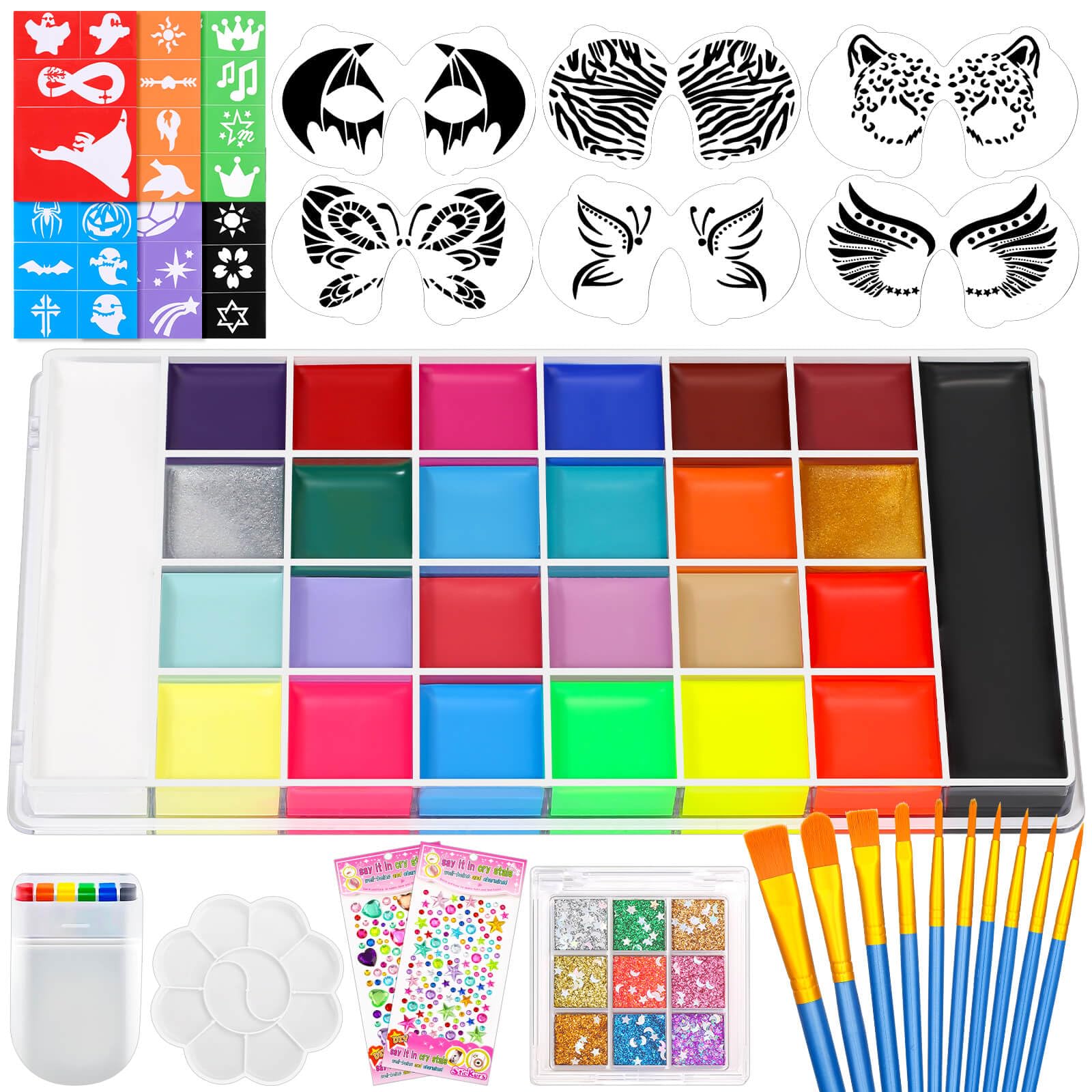 Face Painting Kit – 26 Color Oil Palette with Stencils & Brushes