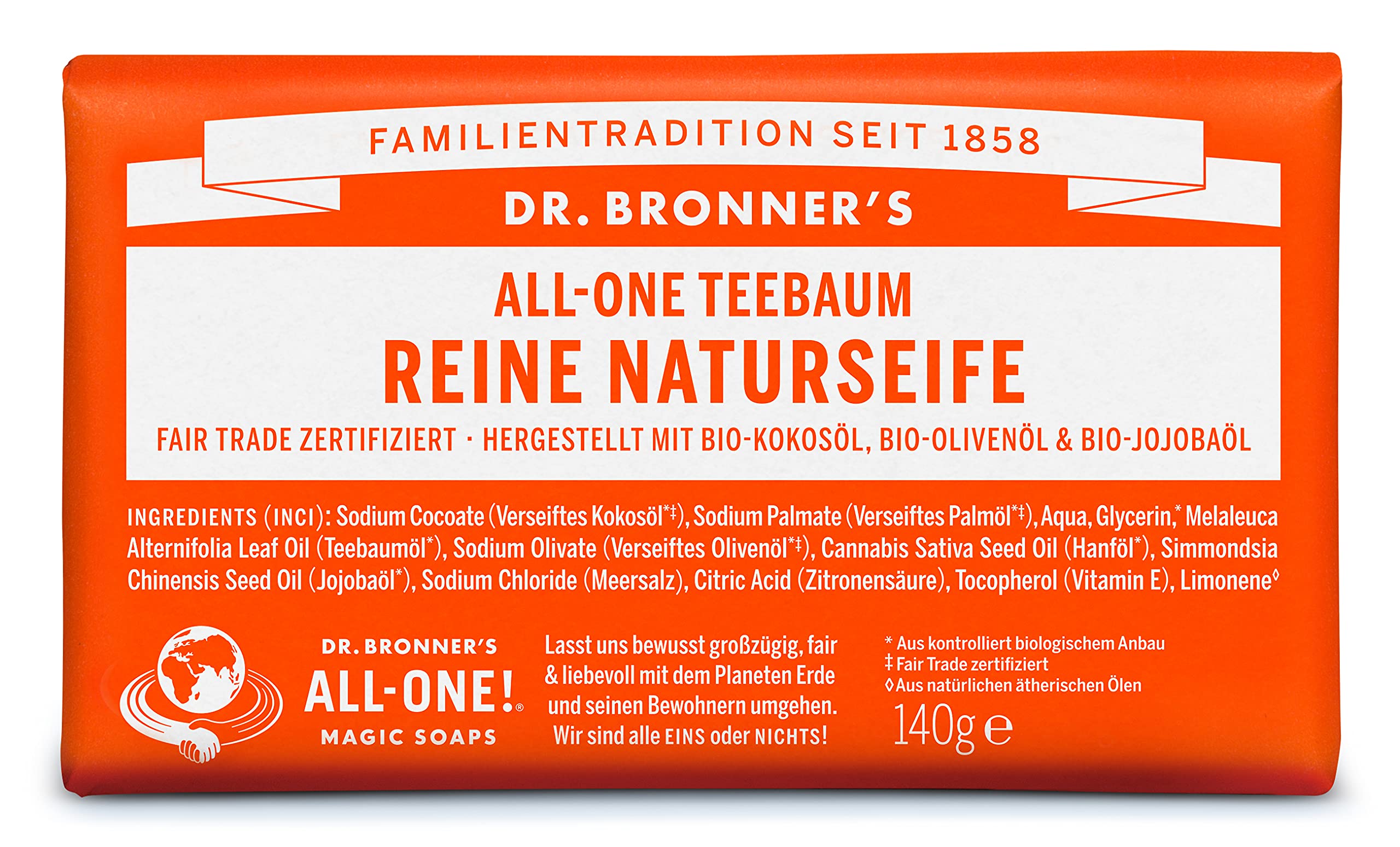 Dr. Bronner's Tea Tree Pure-Castile Bar Soap - Organic & Antiseptic 140g