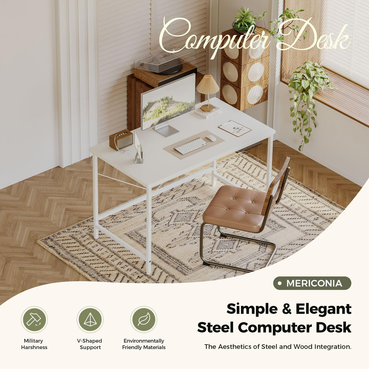 Mericonia Basic Computer Desk, One-piece Desktop, 80x50cm, White - image 2