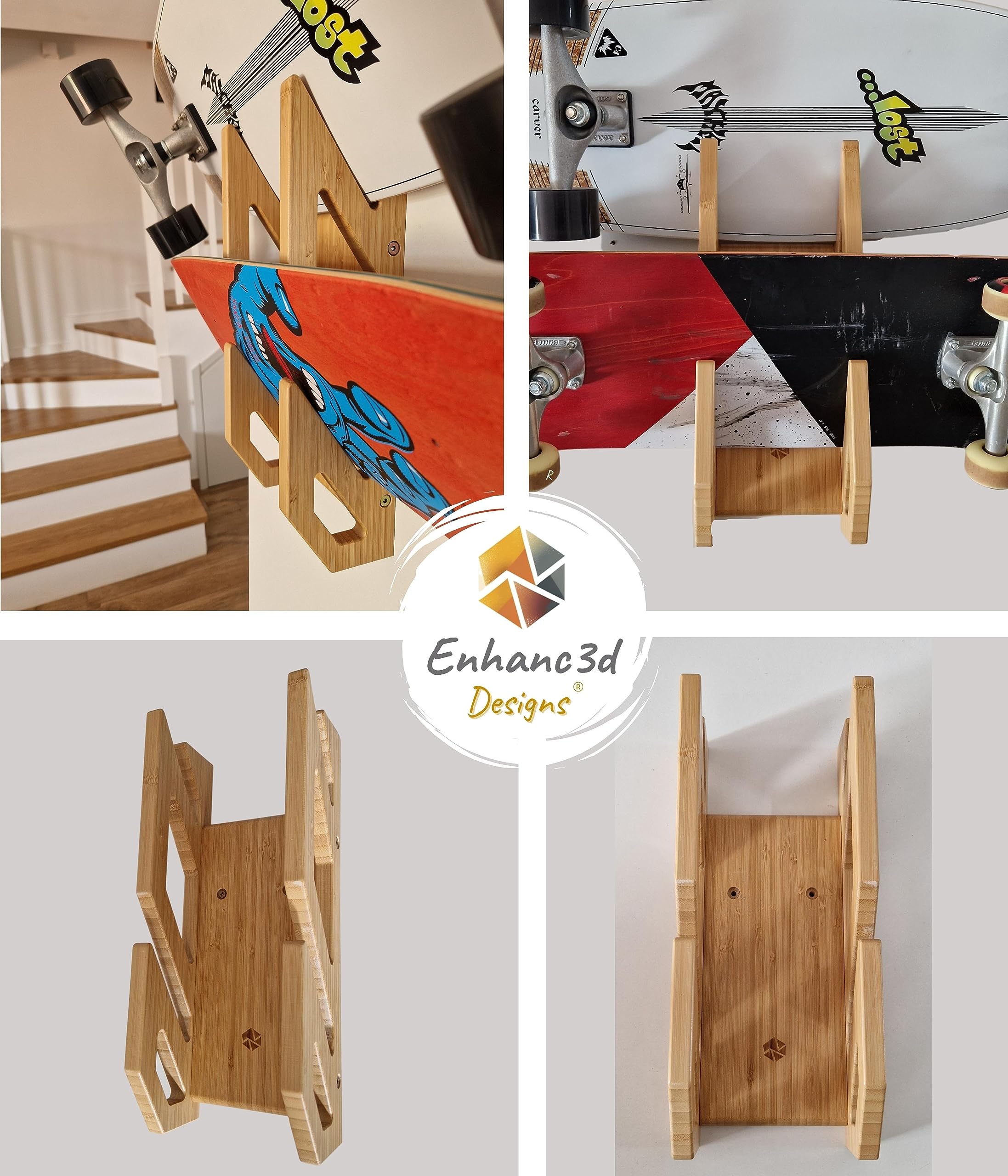 Enhanc3d Designs Bamboo Skateboard Wall Mount | 2-Board Longboard Rack