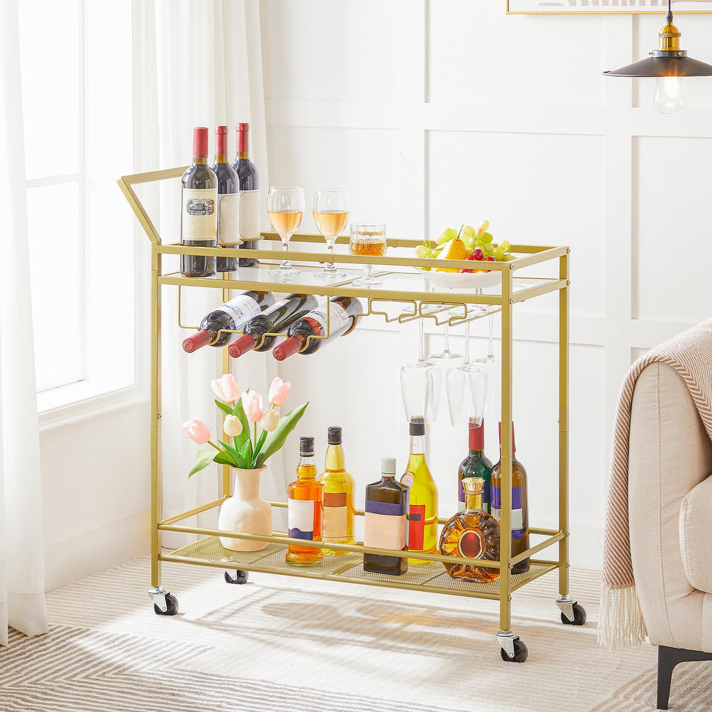 HOOBRO Gold Bar Cart – Mobile Drinks Trolley with Wine & Glass Rack